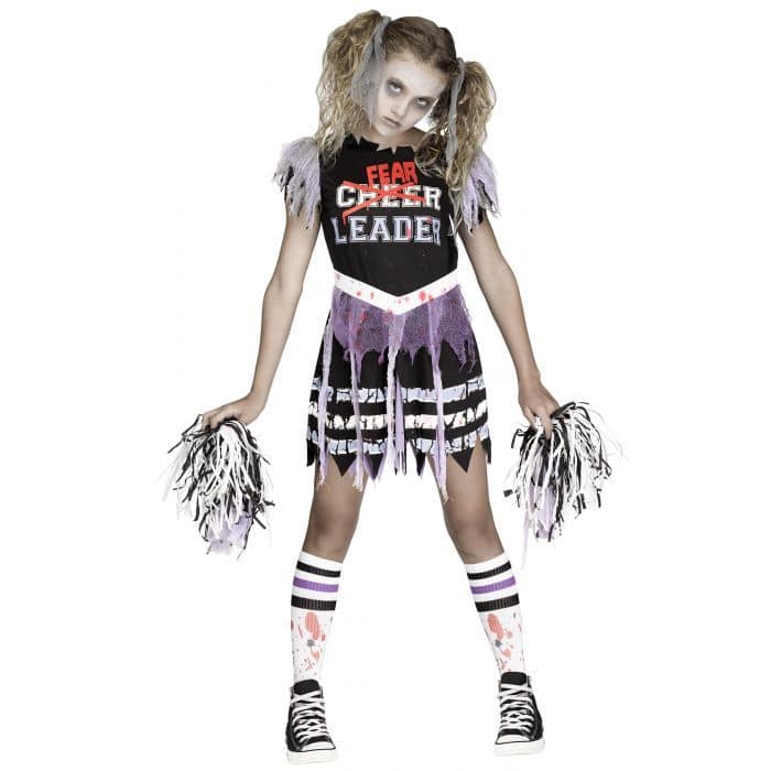 Kids' Zombie Cheerleader Black/White Dress Halloween Costume with Pom ...