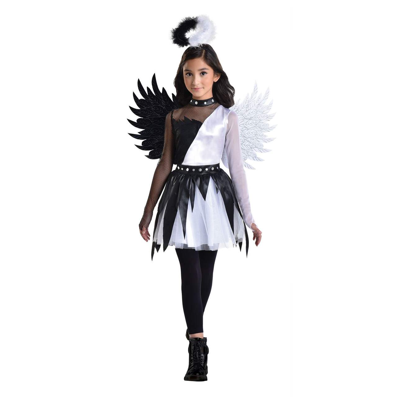 Child Twisted Angel White/Black Dress Halloween Costume with Wings & Halo,  More Options Available