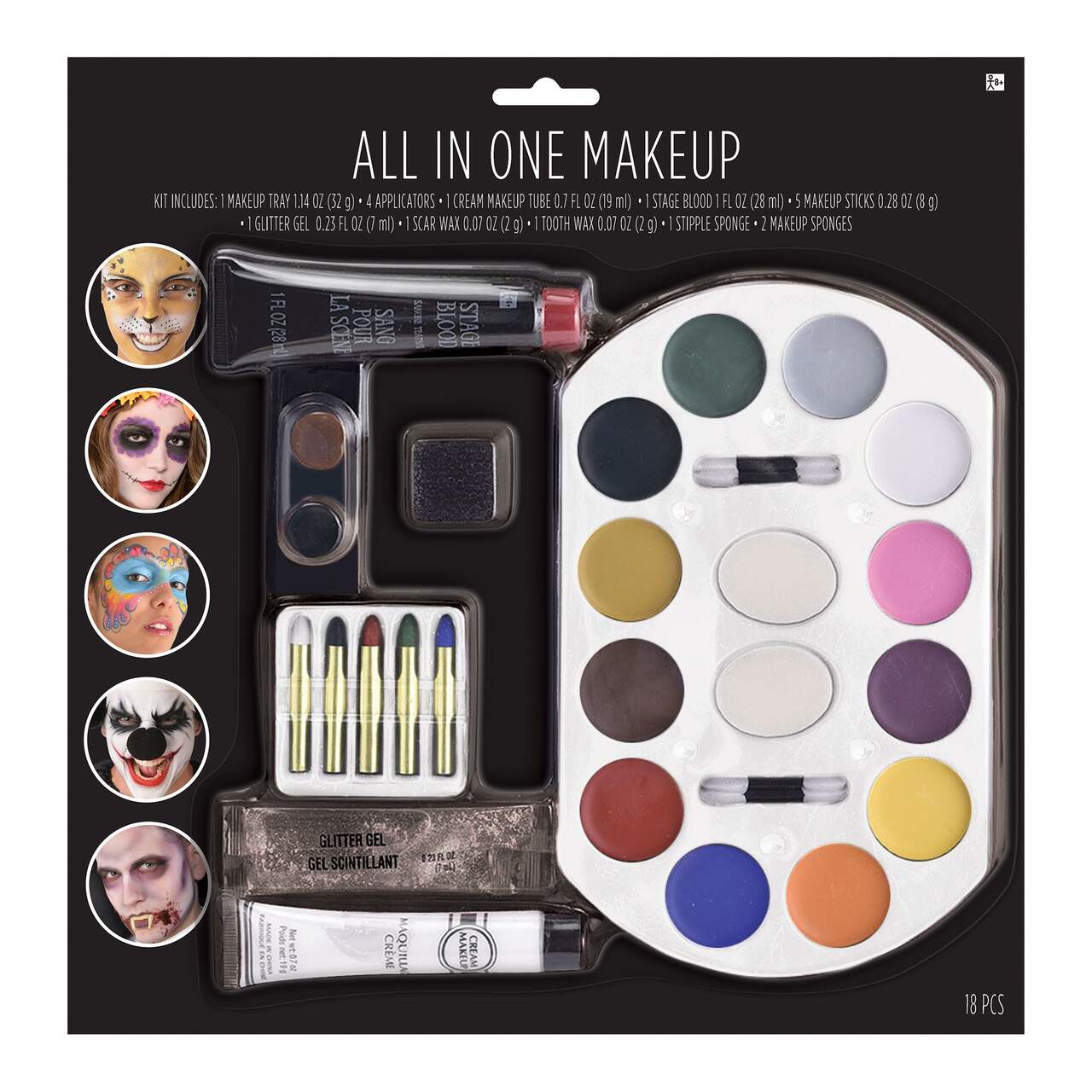 All-In-One Face Makeup Kit with Blood, Glitter & Crayons, Multi-Coloured,  One Size, 18-pk, Costume Accessories for Halloween