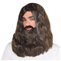 Hippie Hair Wig & Beard, Brown, One Size, 2-pk, Wearable Costume Accessories for Halloween Front_Angled_Left