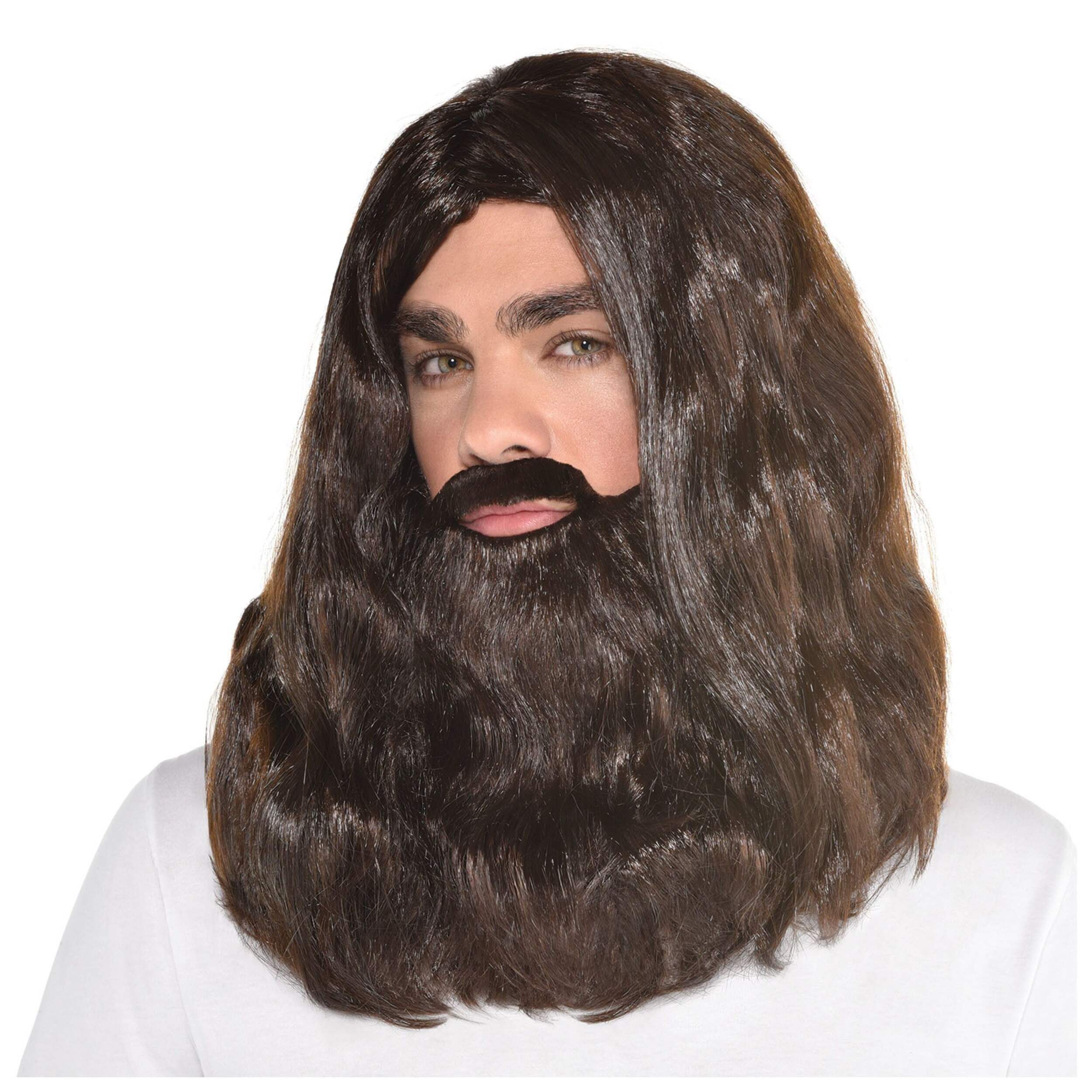 Hippie Hair Wig & Beard, Brown, One Size, 2-pk, Wearable Costume Accessories for Halloween Front_Angled_Left