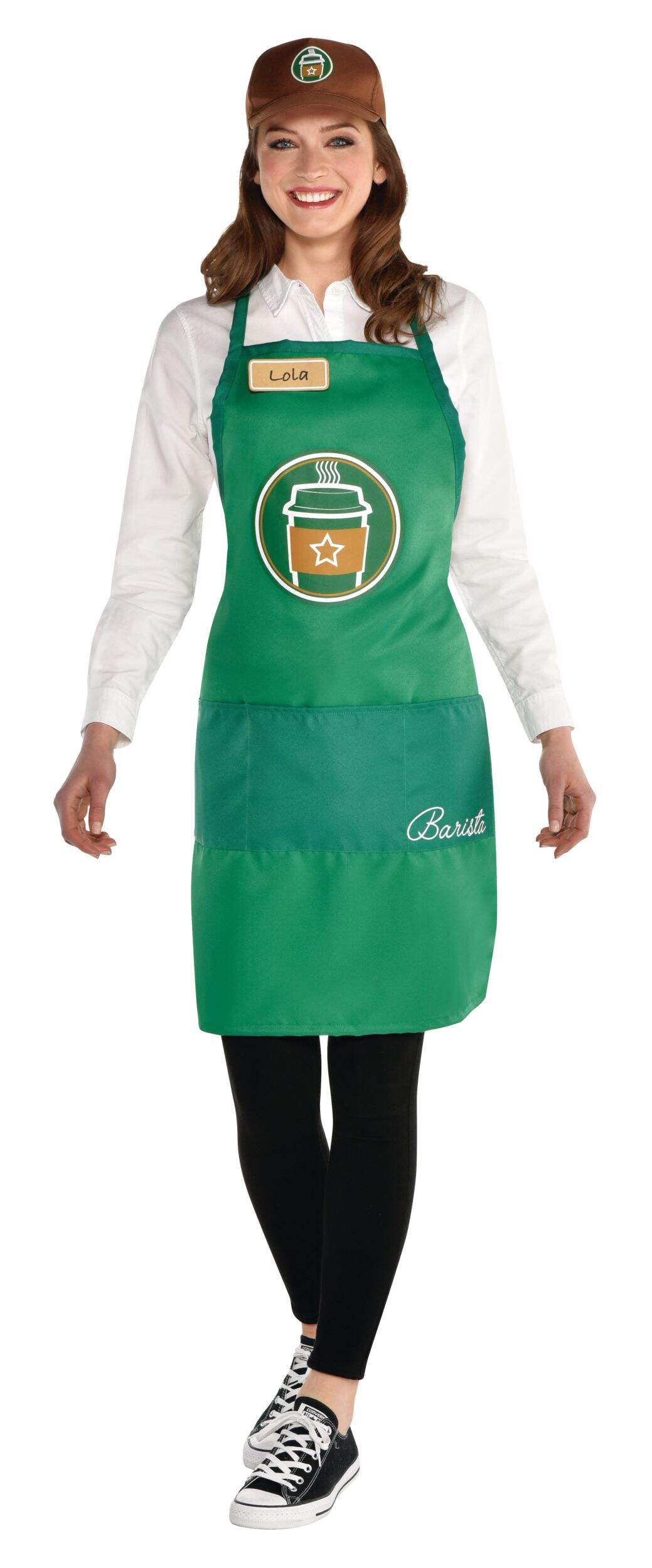 Barista Kit with Hat, Apron & Name Tag, Brown/Green, One Size, 3-pk, Wearable Costume Accessories for Halloween Front_Flat