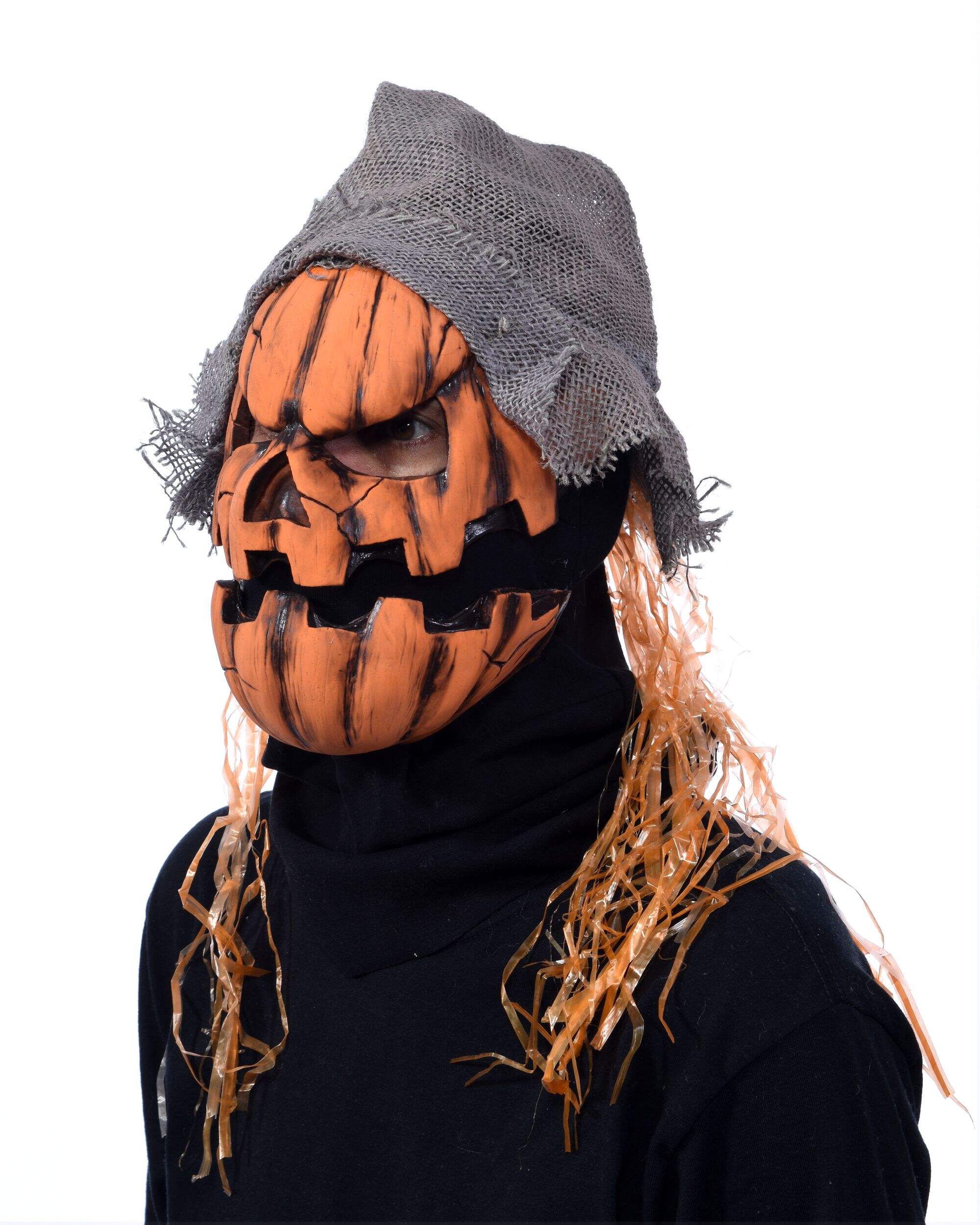 Jack-O'-Lantern Smahed Pumpkin Mask with Hat, Orange/Grey, One Size, Wearable Costume Accessory for Halloween Front_Three_Fourths_Angled_Left