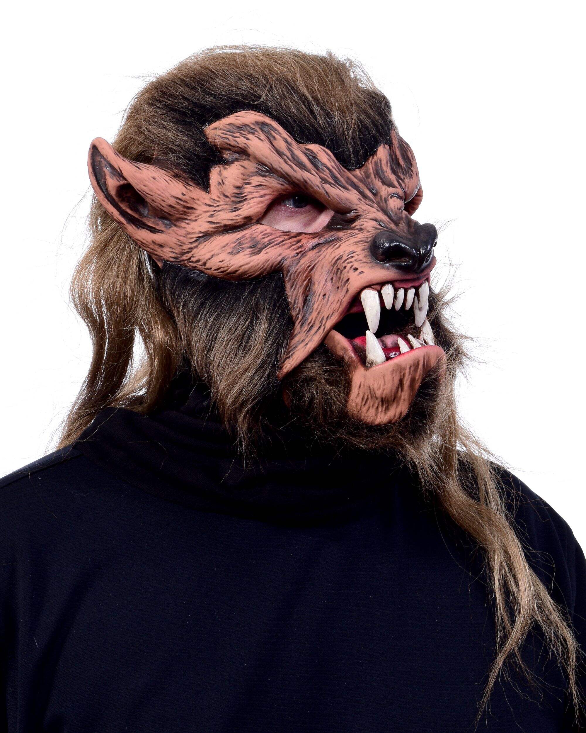 Lone Werewolf Furry Disfigured Mask with Hair, Brown, One Size, Wearable Costume Accessory for Halloween Front_Three_Fourths_Angled_Right