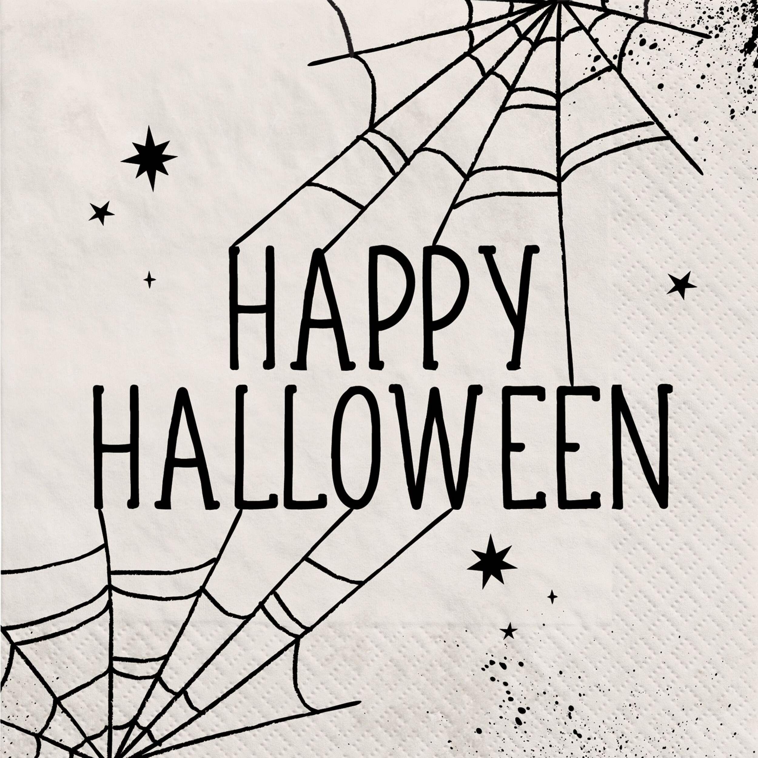 "Happy Halloween" Square Paper Disposable Lunch Napkins, Black/White, Spider Web, 6.5-in, 40-pk, 2-ply, for Halloween Overhead_Flat