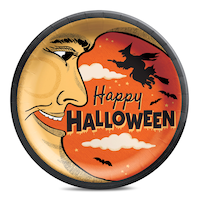 Vintage Halloween "Happy Halloween" Witch & Moon Round Paper Disposable Dinner Plates, Orange/Yellow, 10-in, 20-pk, for Halloween Overhead_Flat