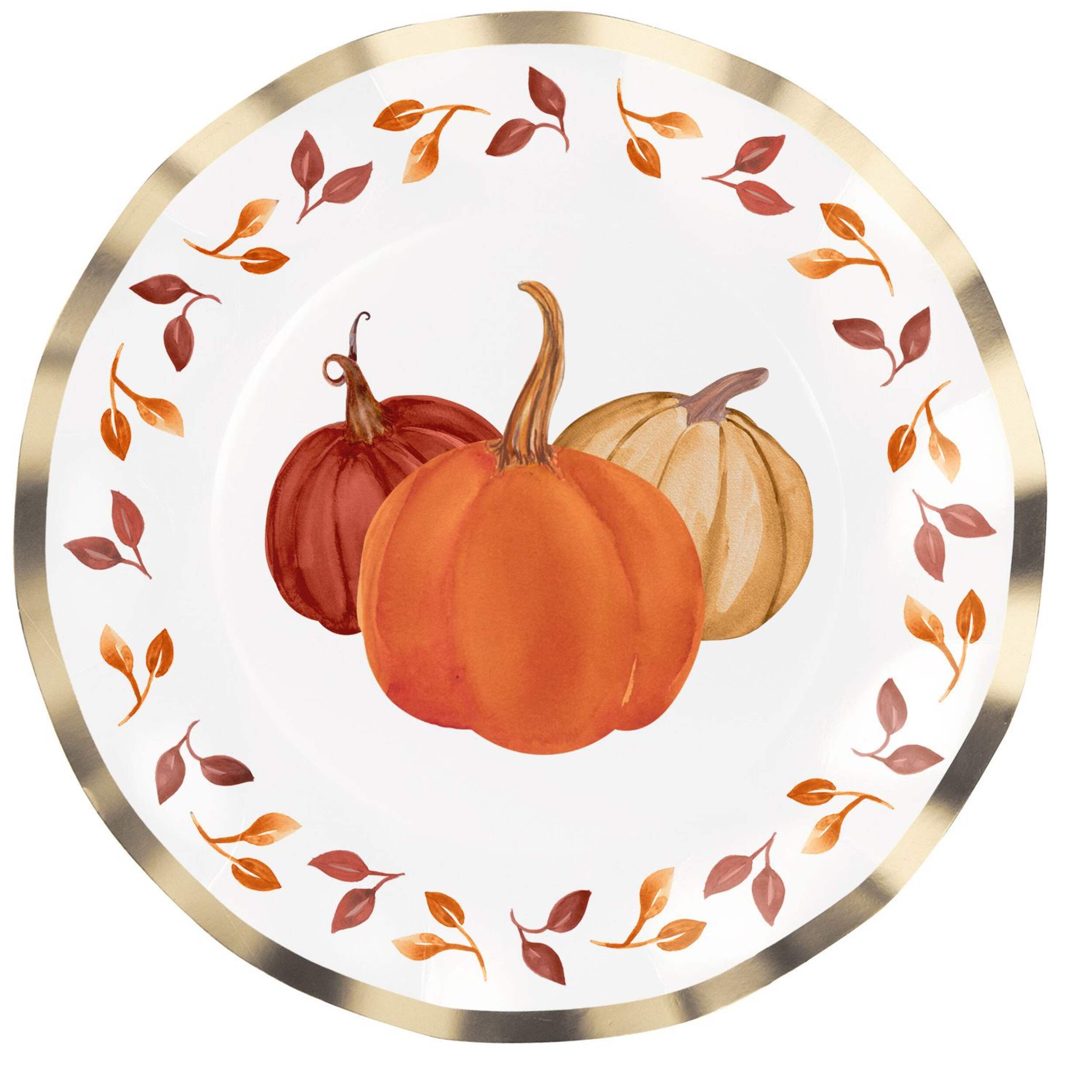 Sophistiplate Pumpkin & Leaves, Round Paper Disposable Dinner Plates with Foil Accents, White/Gold/Orange, 10.5-in, 8-pk, for Fall Overhead_Flat
