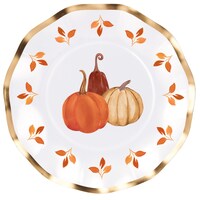 Sophistiplate Pumpkin & Leaves, Round Paper Disposable Dinner Plates with Foil Accents, White/Gold/Orange, 8-in, 8-pk, for Fall Overhead_Flat