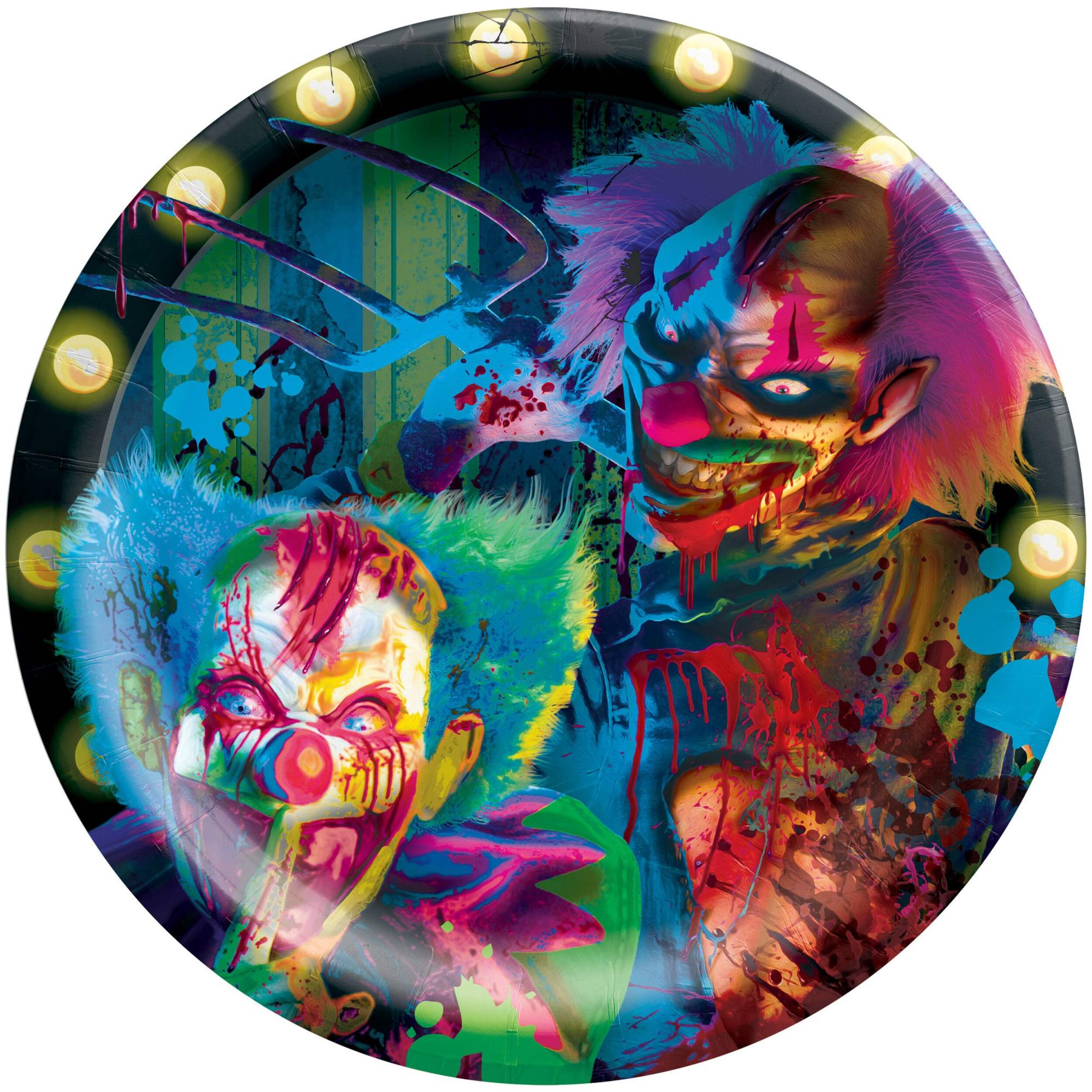 Creepy Carnival Clown Round Paper Disposable Dinner Plates, Multi-Coloured, Blacklight, 10-in, 20-pk, for Halloween Overhead_Flat