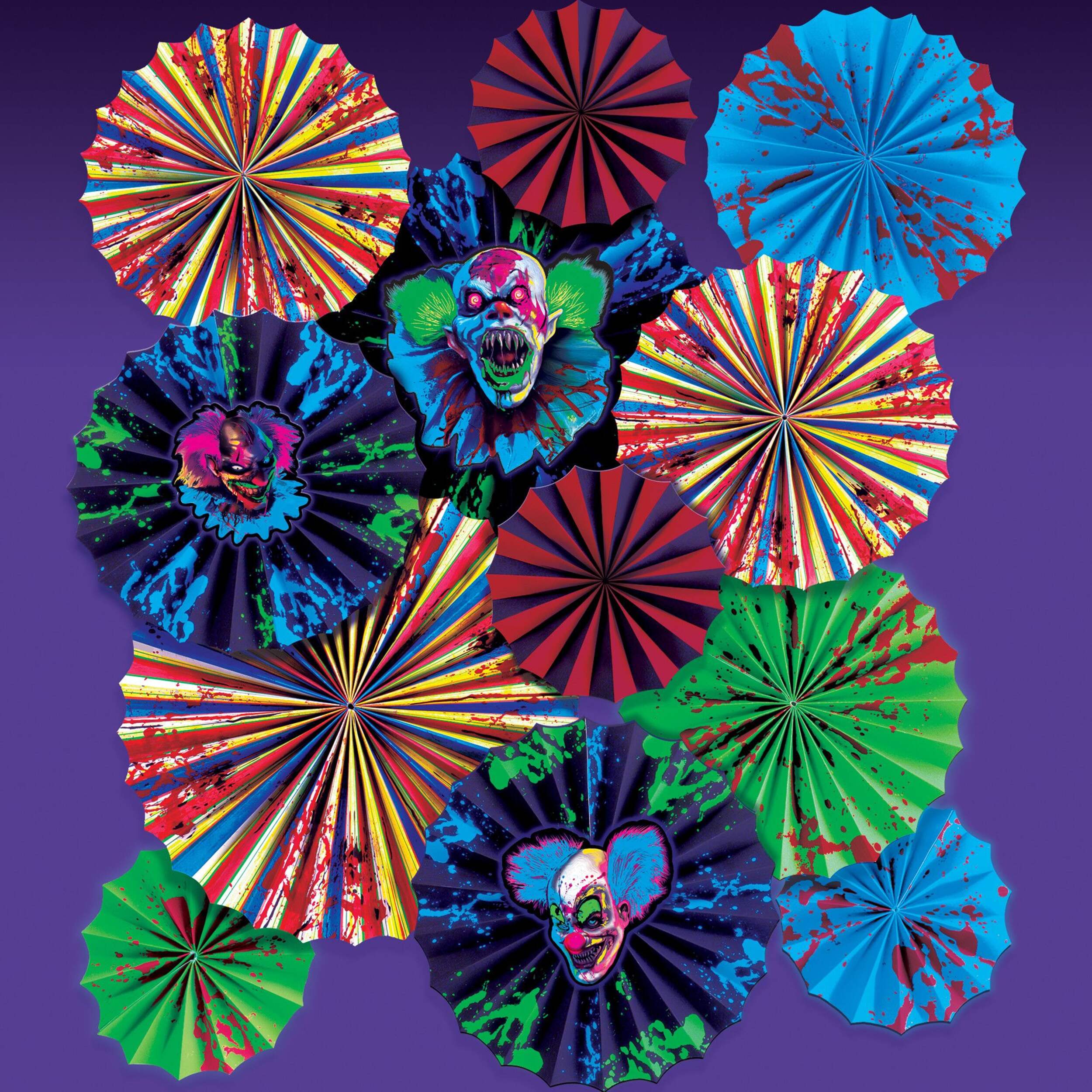 Creepy Carnival Clown Blacklight Paper Fan Decorating Kit, Multi-Coloured, 12-in, 12-pk, Table Decoration for Halloween Front_Flat