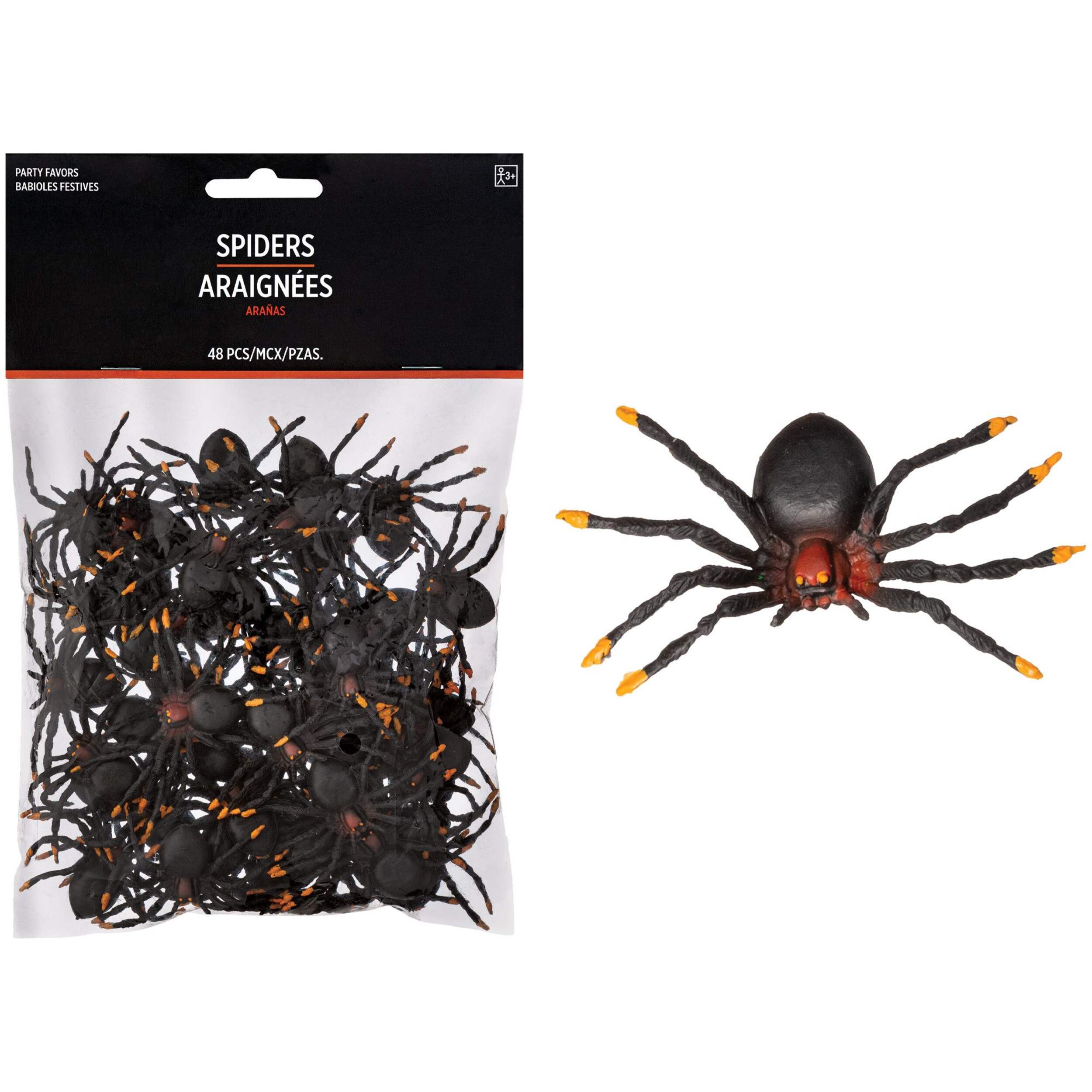 Araignées en plastique pour fête d'Halloween et d'anniversaire, paq. 48 Front_Flat