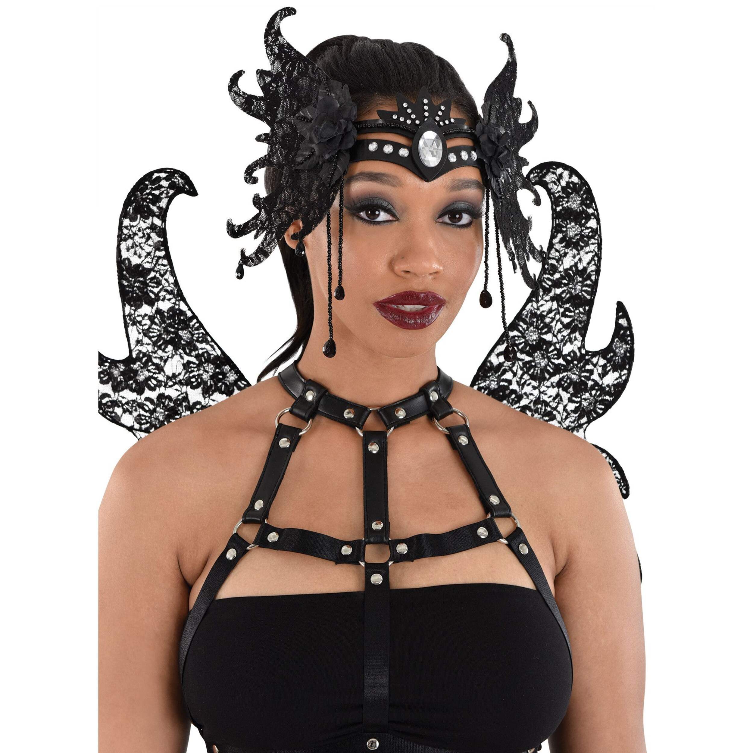 Goth Pixie Gemstone Headpiece, Black, One Size, Wearable Costume Accessory for Halloween Front_Angled_Right