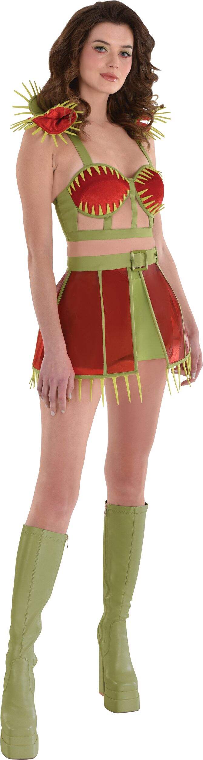 Adult Venus Flytrap Shirt & Skirt, Green/Red, One Size, 2-pk, Wearable Costume Accessories for Halloween Front_Angled_Right