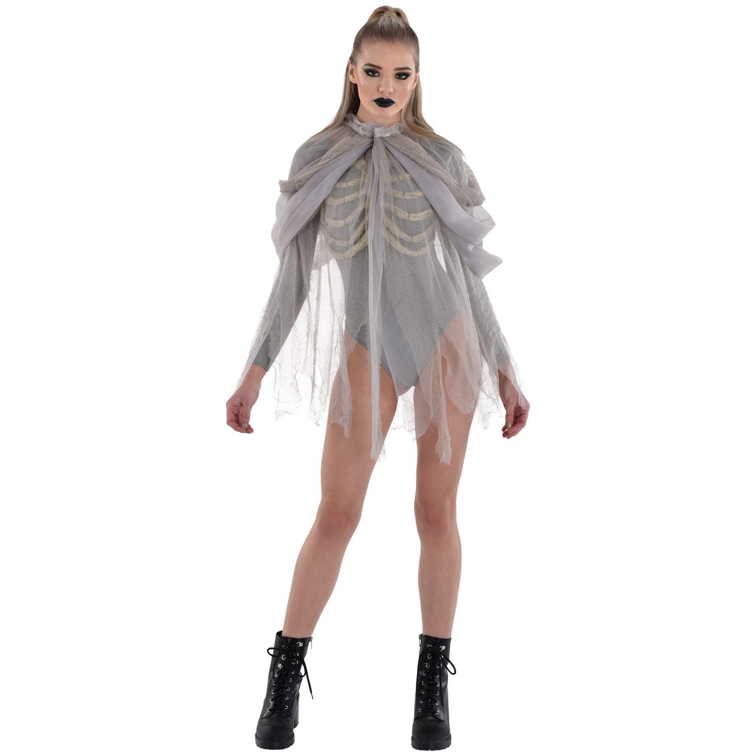 Women's Mesh Skeleton Bones Cape, Grey, One Size, Wearable Costume Accessory for Halloween Front_Flat