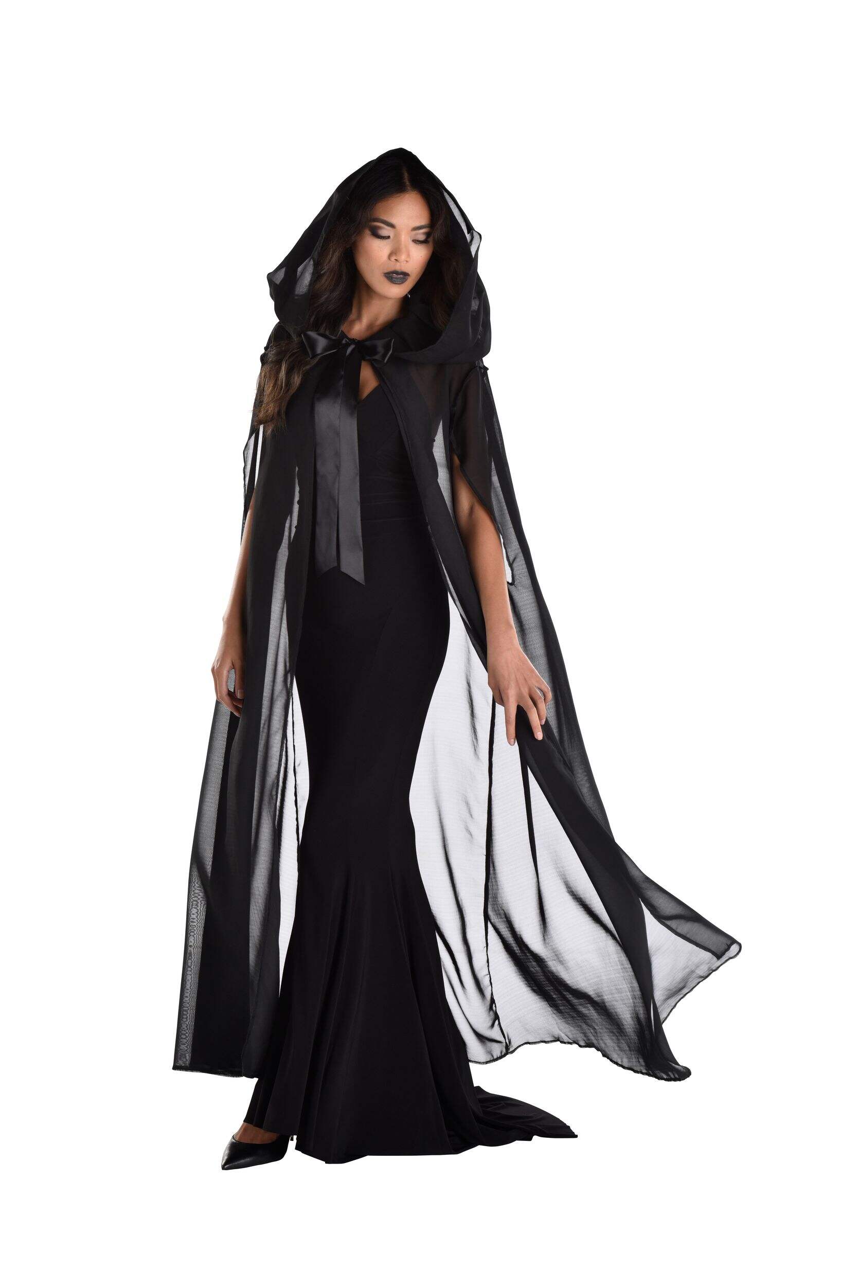 Robe longue diaphane noire à capuchon, taille unique Front_Angled_Left