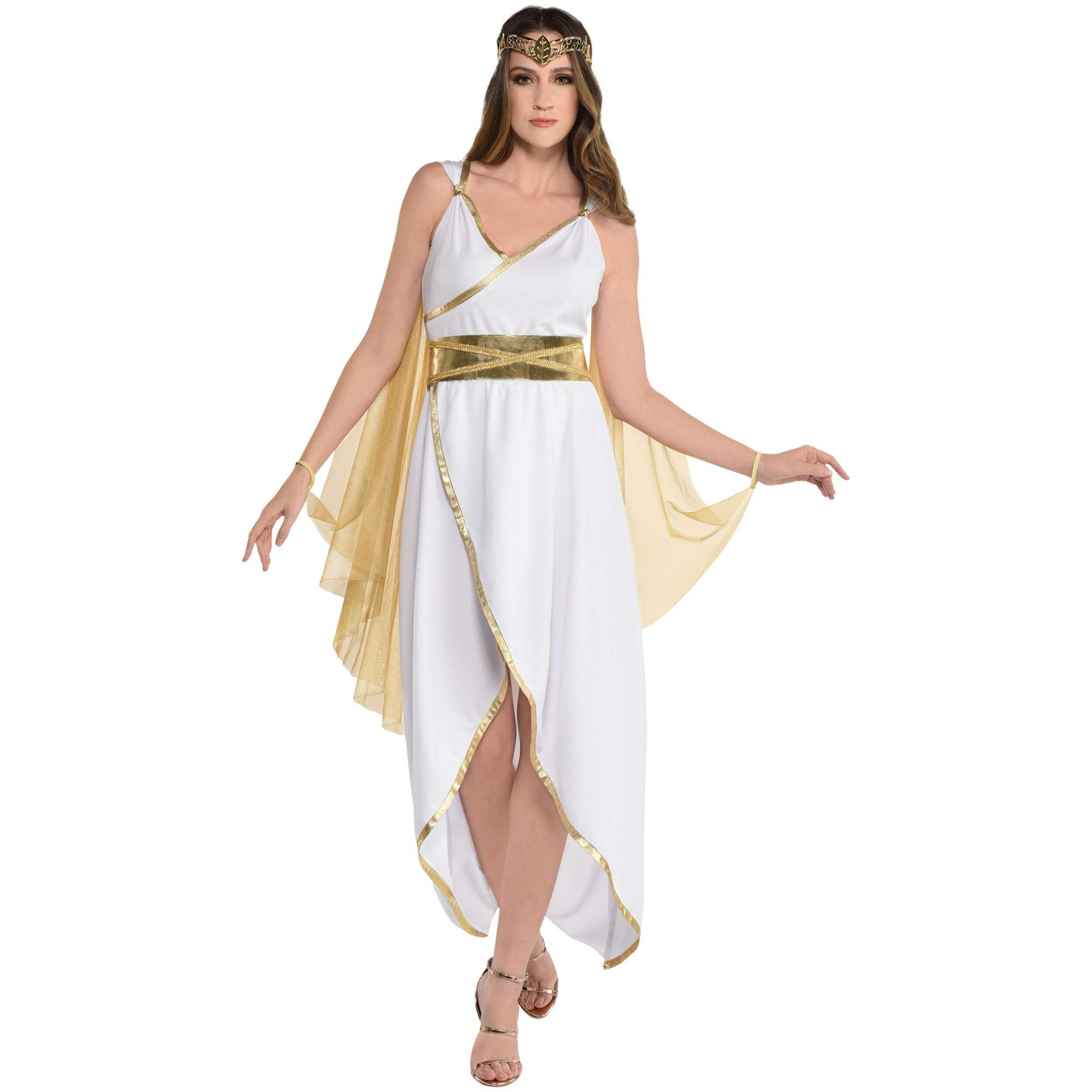 Women's Greek Goddess Maxi Dress with Cape, White/Gold, L/XL, Wearable Costume  for Halloween Front_Flat