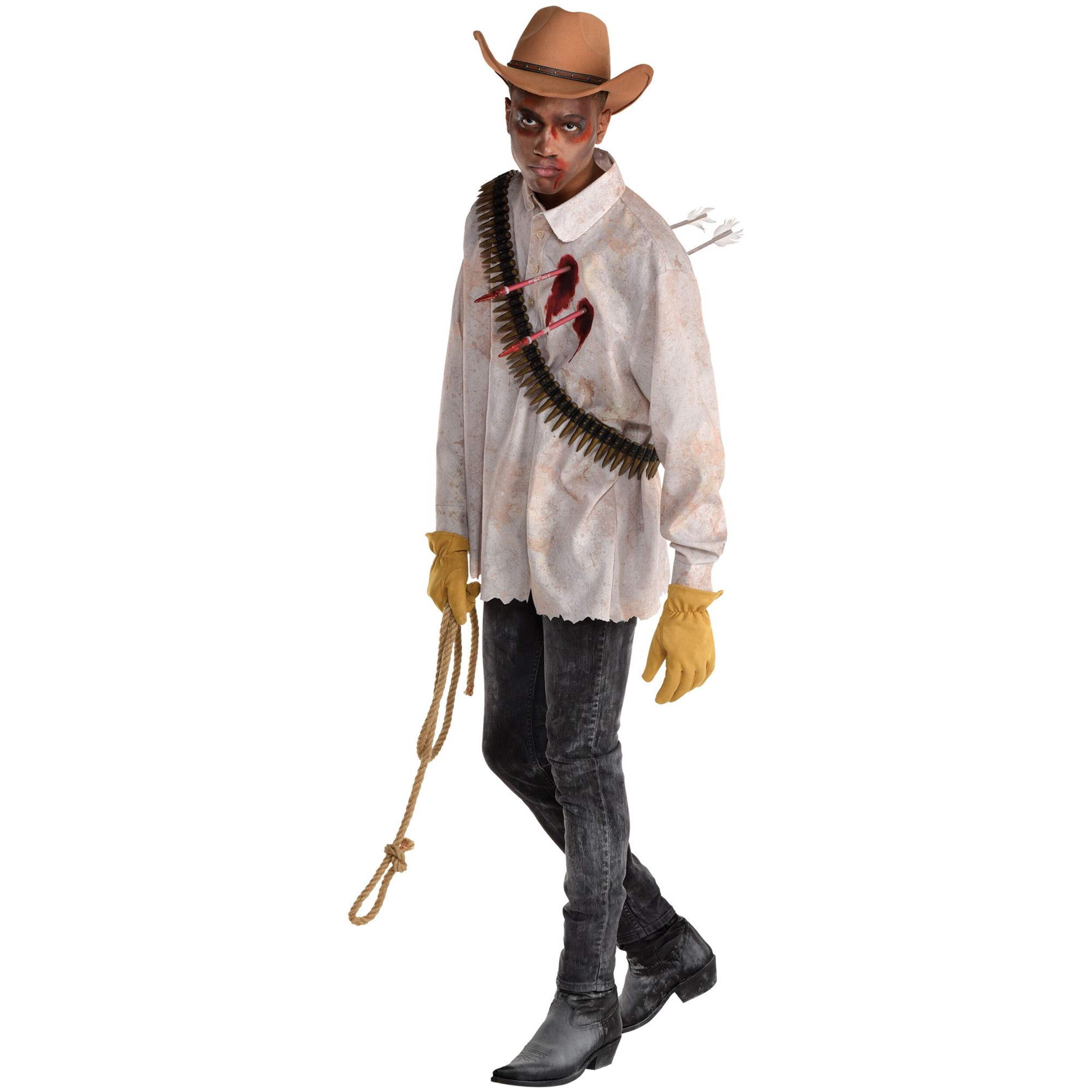 Men's Zombie Long Sleeve with Impaled Arrows, White/Red Blood Splattered, One Size, Wearable Costume Accessory for Halloween Front_Angled_Left