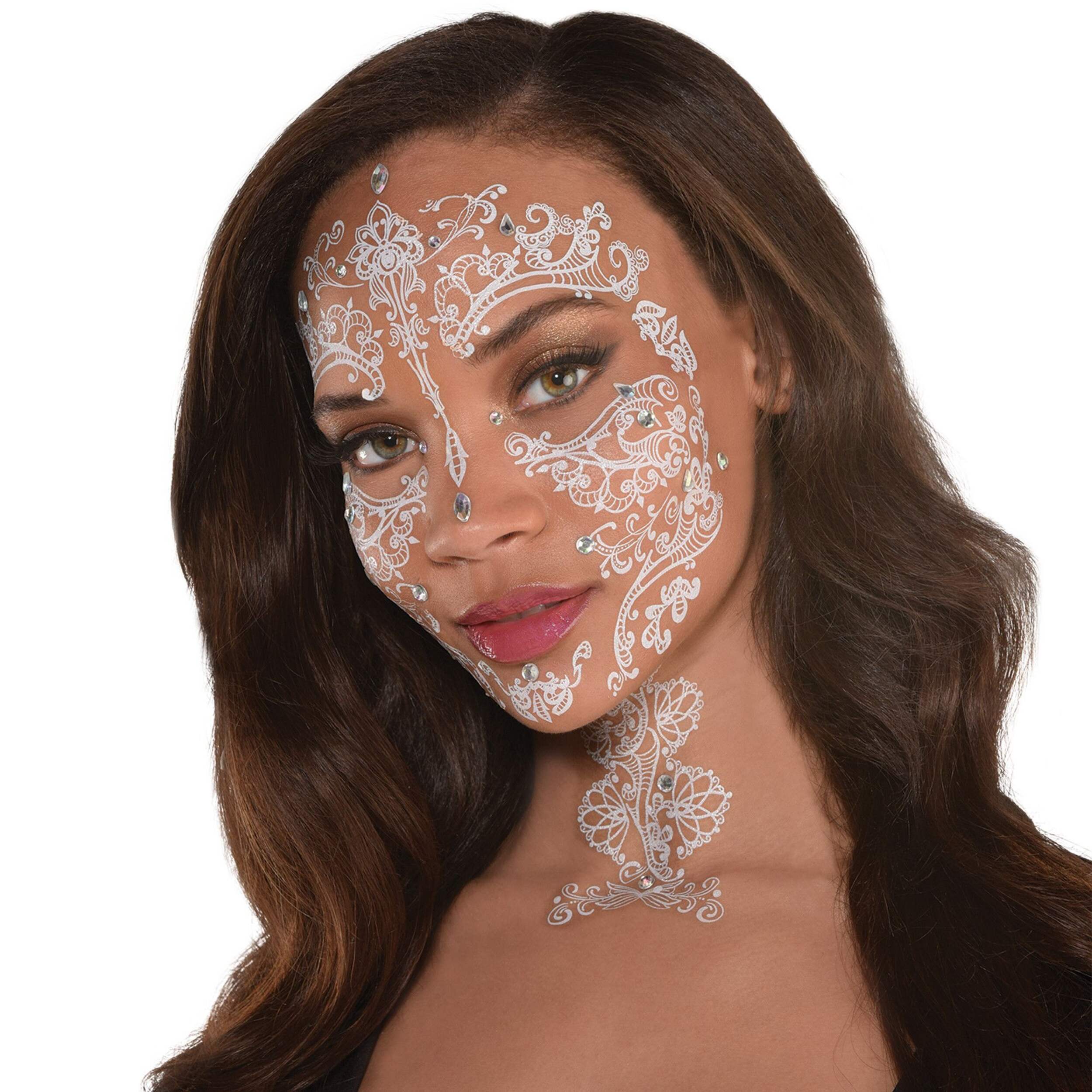 Lace Face Temporaring Tattoo with Gem Stickers, White, 22-pk, Wearable Favours  for Halloween Front_Angled_Left