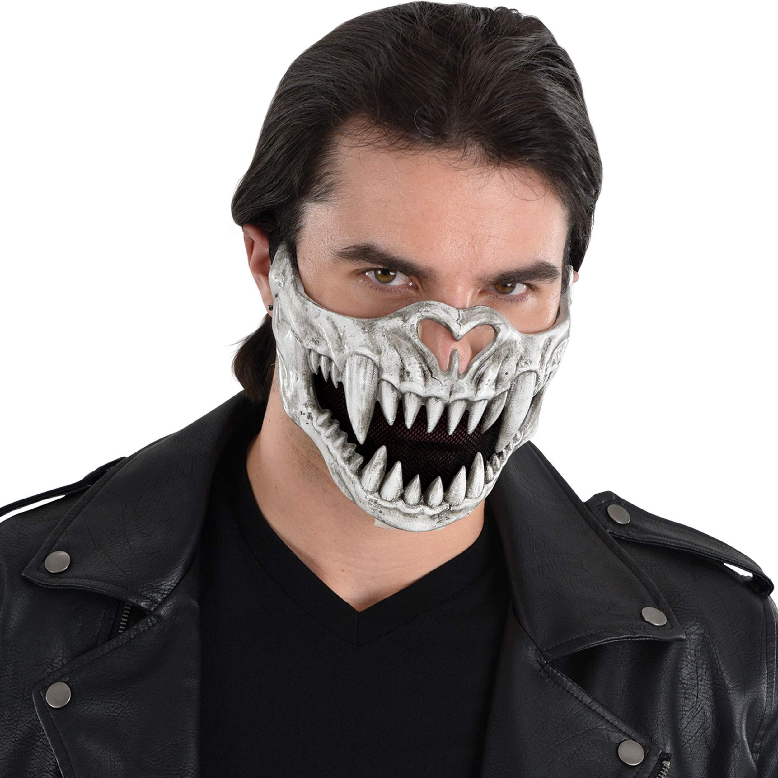 Skull Creature Half Mouth Mask, Black/White, One Size, Wearable Costume Accessory for Halloween Front_Angled_Right