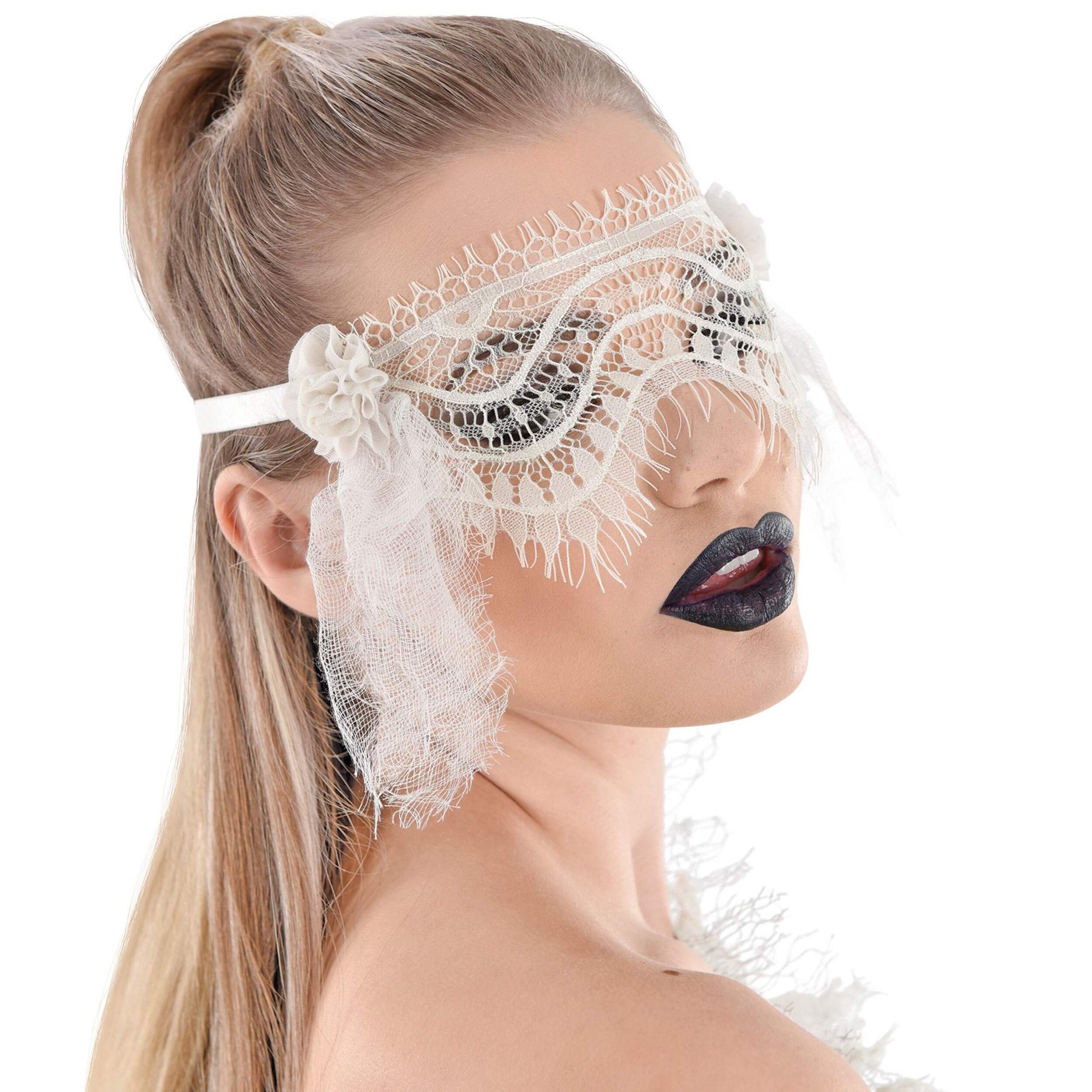 Scalloped Lace Eye Mask, White, One Size, Wearable Costume Accessory for Halloween Front_Angled_Right