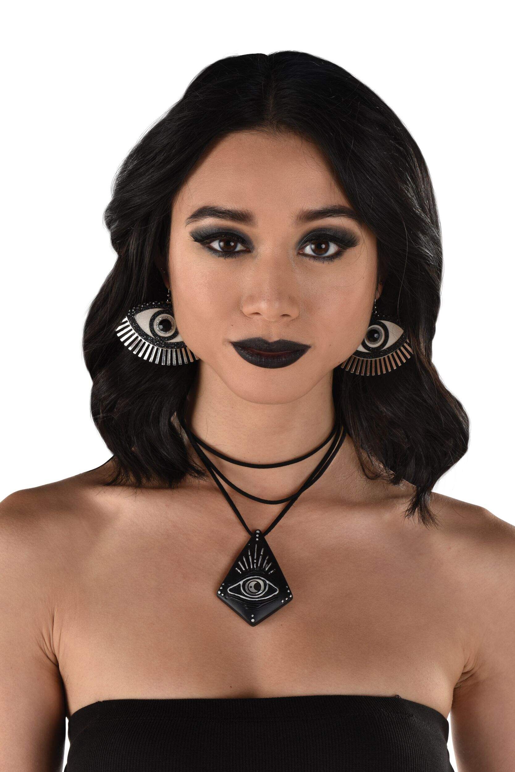 Eye Necklace & Earrings Jewlery Set, Silver/Black, One Size, 3-pk, Wearable Costume Accessories for Halloween Front_Flat