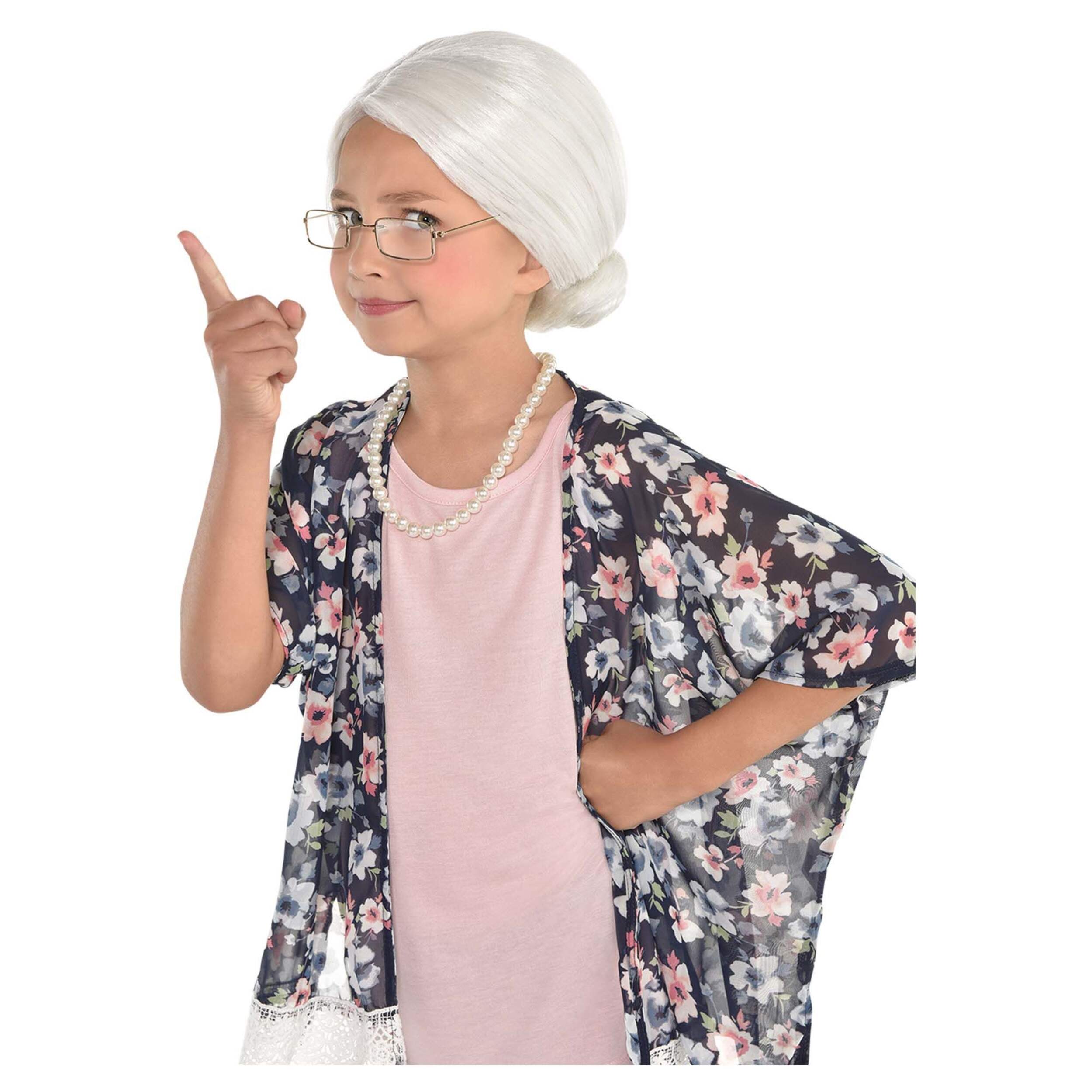 Kids' Grandma Old Maid Lady Bun Wig, White, One Size, Wearable Costume Accessory for Halloween Front_Angled_Left