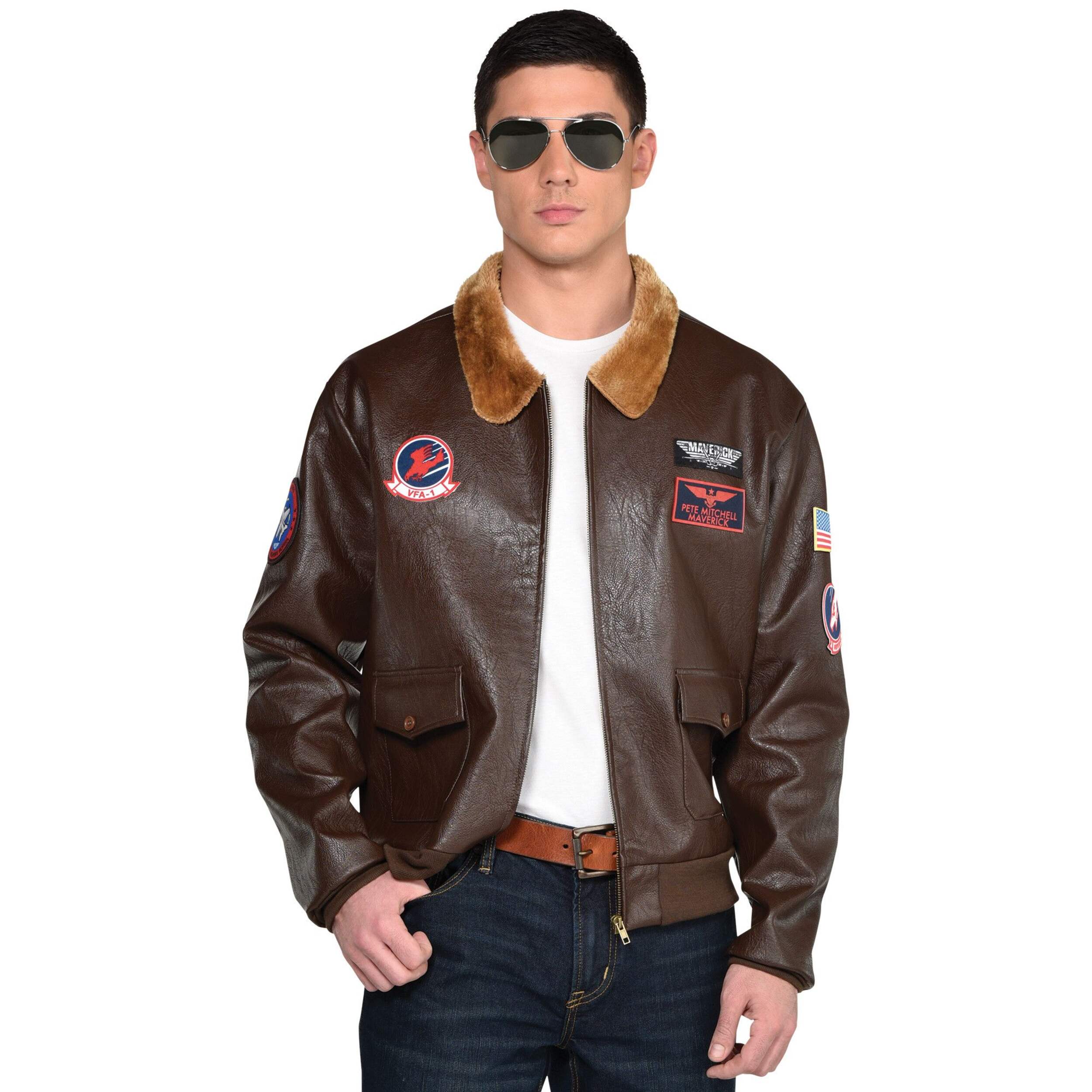 Adult Top Gun Maverick Fur-Trimmed Bomber Jacket, Brown, One Size, Wearable Costume Accessory for Halloween Front_Flat