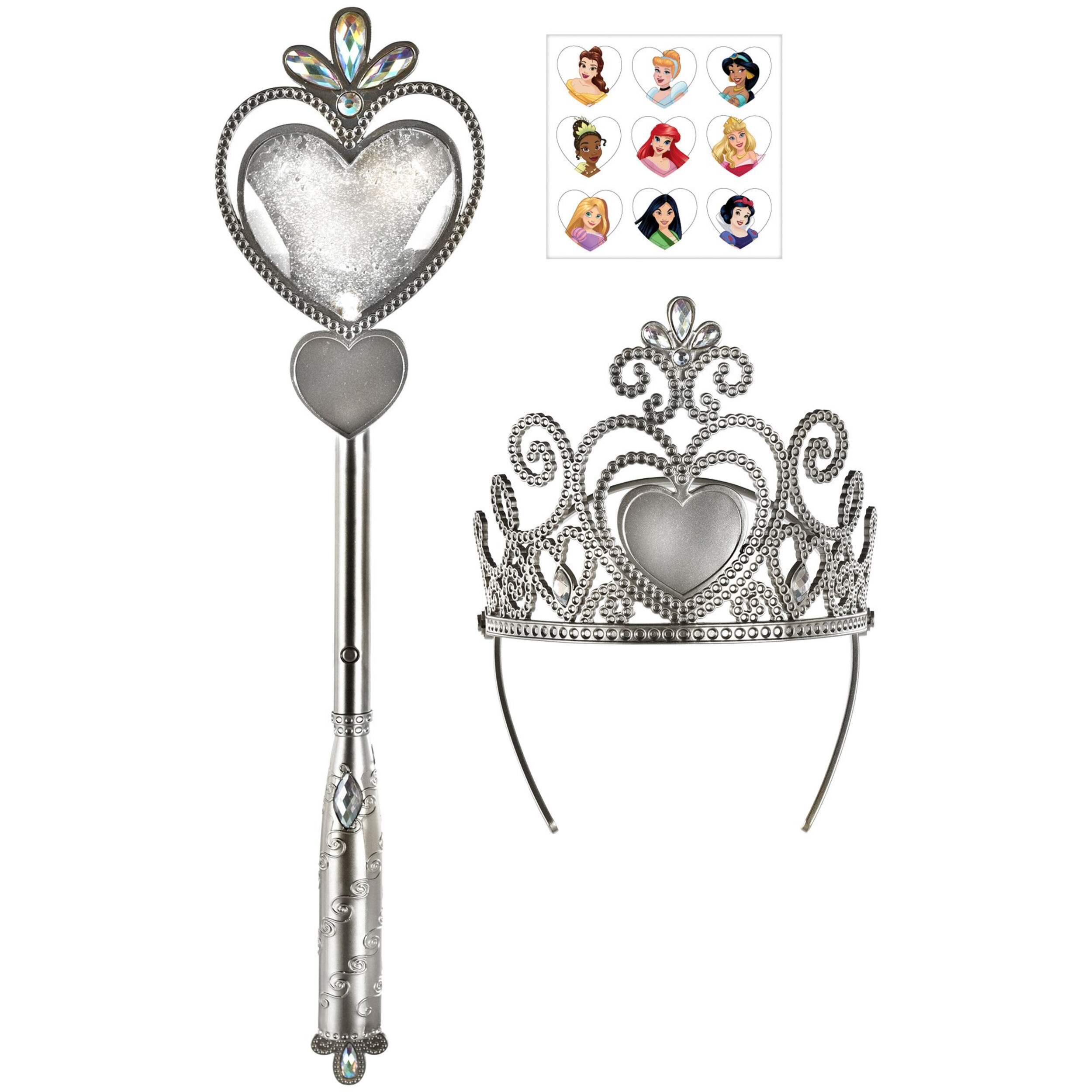 Disney Princess Belle/Cinderella/Jasmine/Snow White Customizable Crown Tiara with Wand Kit, Silver, One Size, 10-pk, Wearable Accessory for Halloween Front_Flat