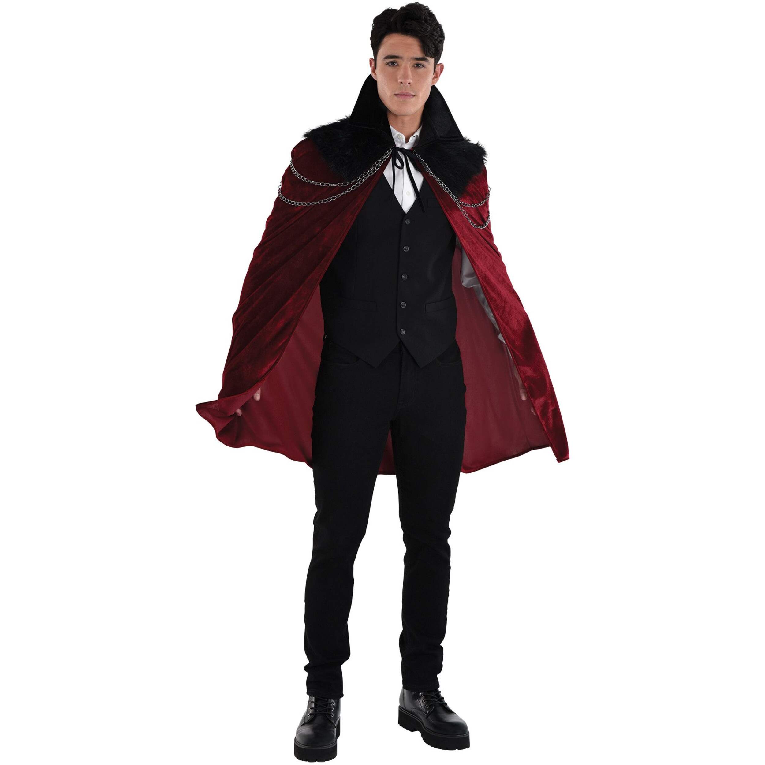 Adult Vampire Cloak Jacket with Chains, Black/Red, One Size, Wearable Costume Accessory for Halloween Front_Angled_Right