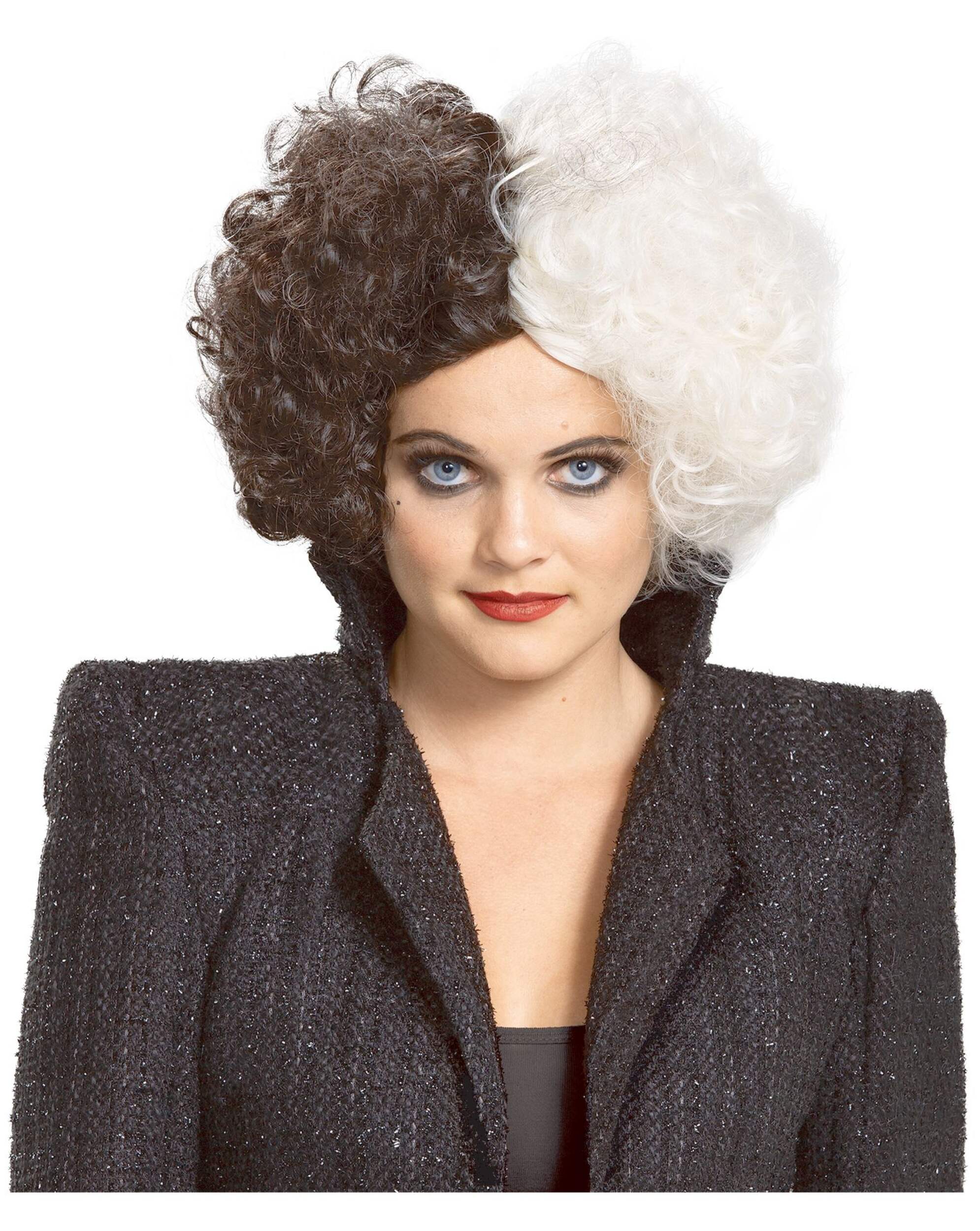 Disney 101 Dalmations Cruella De Vil Live-Action Movie Short Curly Hair Wig, Black/White, One Size, Wearable Costume Accessory for Halloween Front_Flat