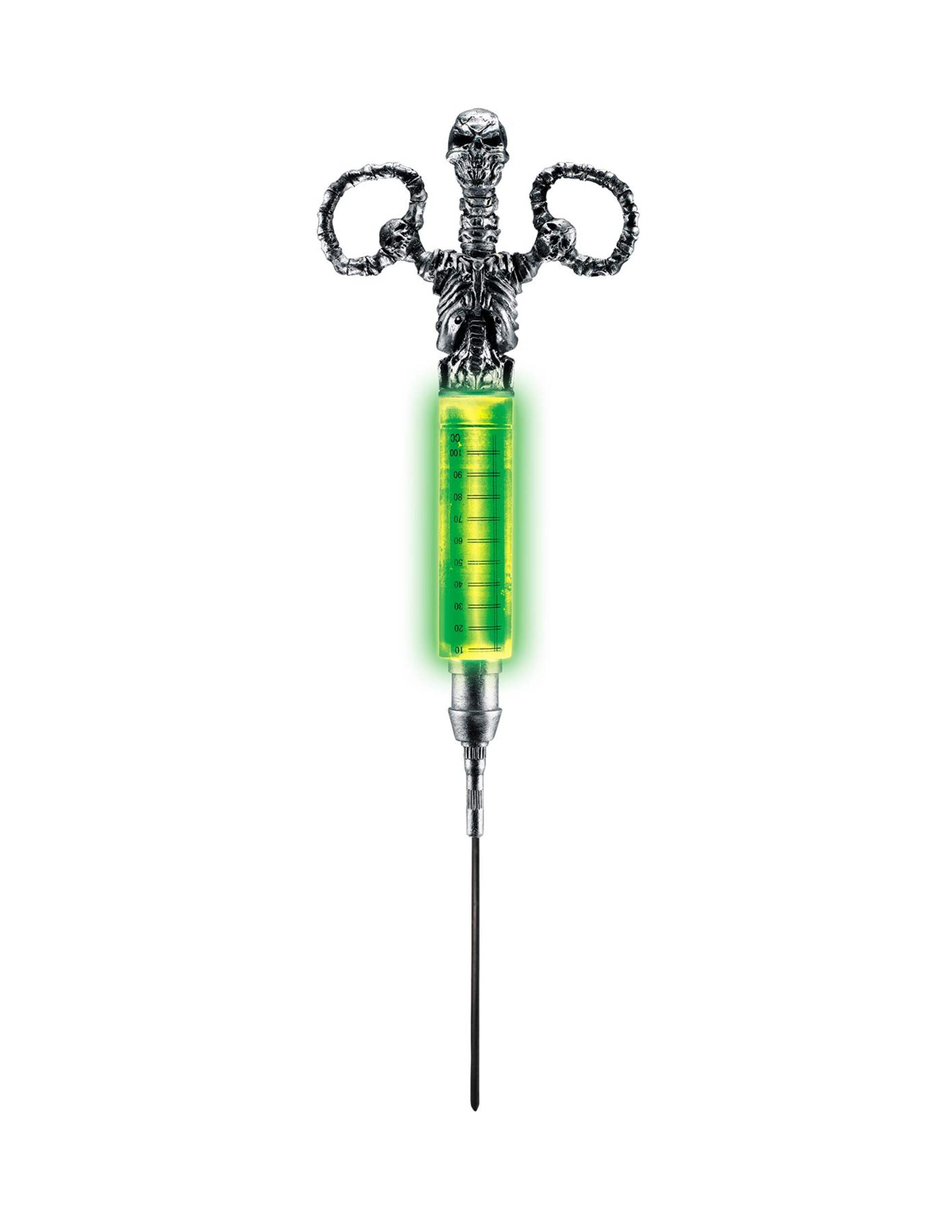 Radioactive Glowing Skull Syringe, Green/Silver, 14-in, Wearable Costume Prop for Halloween Front_Flat