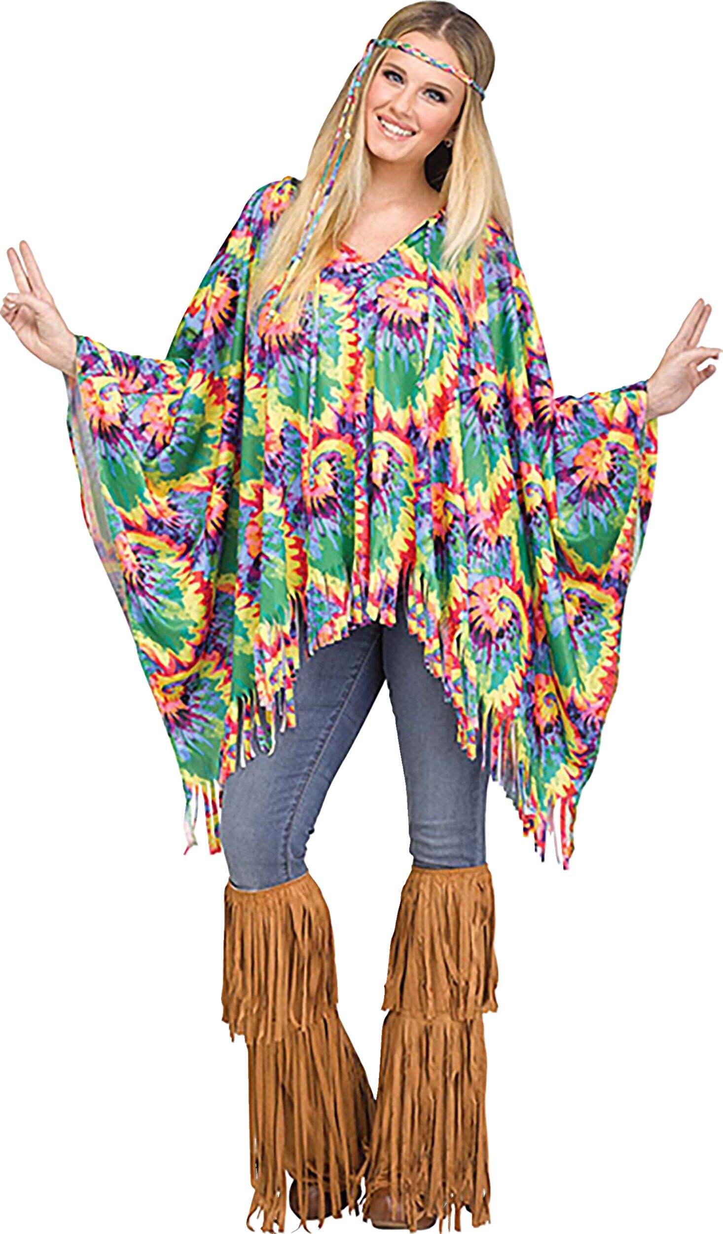 Poncho Hippie à teinture sur noeuds, multicolore, taille unique, accessoire de costume prêt-à-porter pour l'Halloween Front_Flat