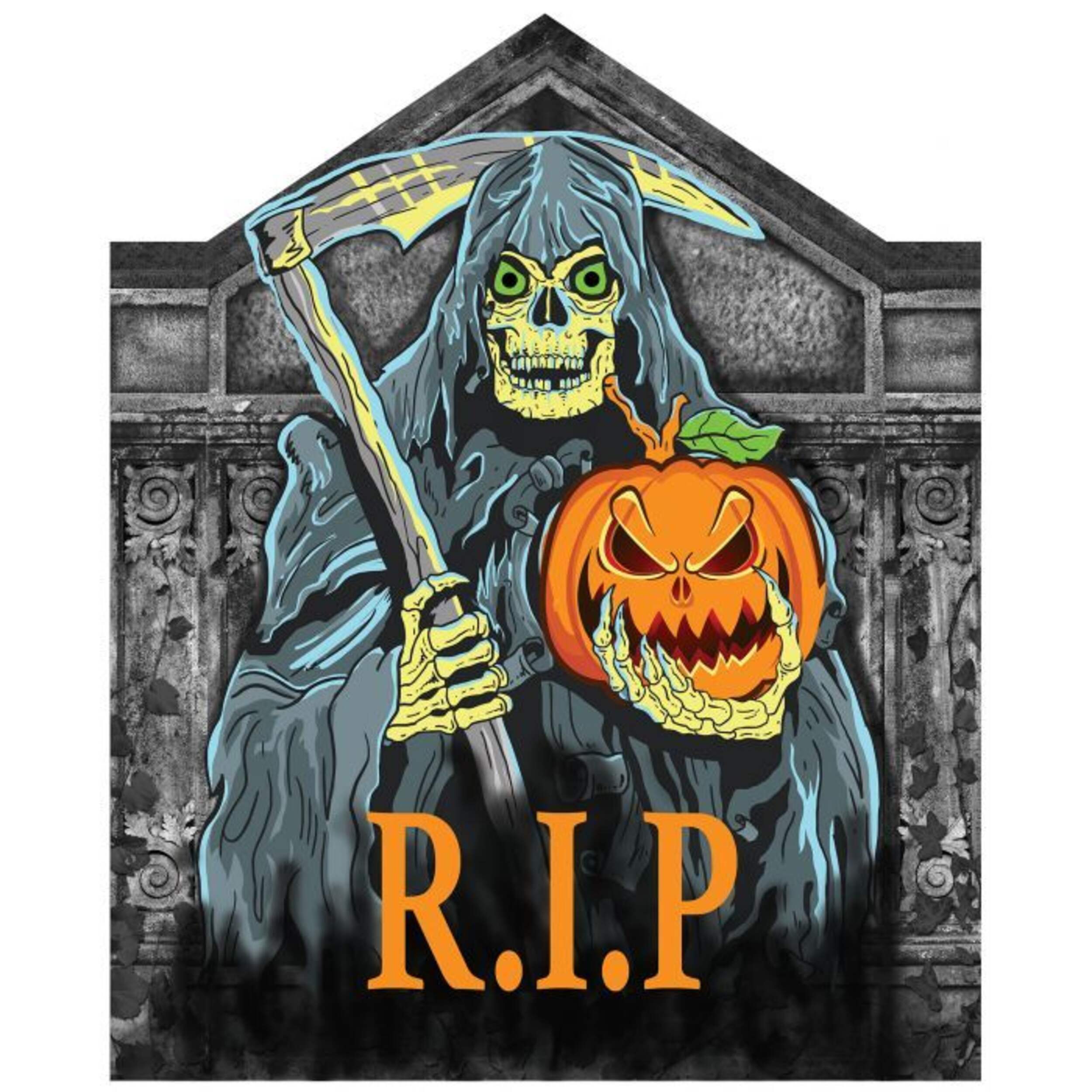 "RIP" Grim Reaper &  Jack-O'-Lantern Neon Light-up Graveyard Tombstone, Black/Orange, 22-in, Outdoor Decoration for Halloween Front_Flat