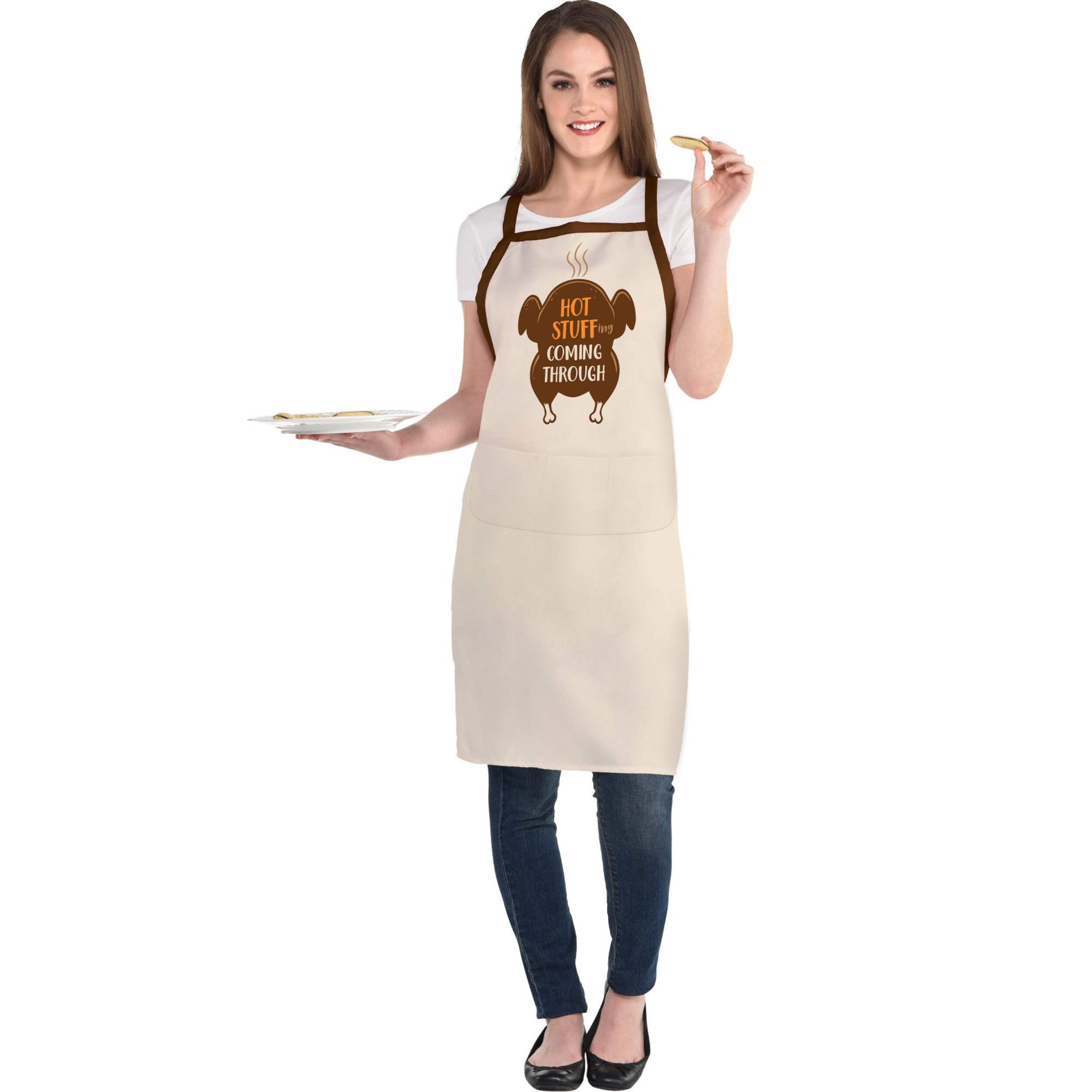 "Hot Stuff Coming Through" Turkey Wearable Apron, White/Brown, One Size, for Thanksgiving/Fall Front_Flat