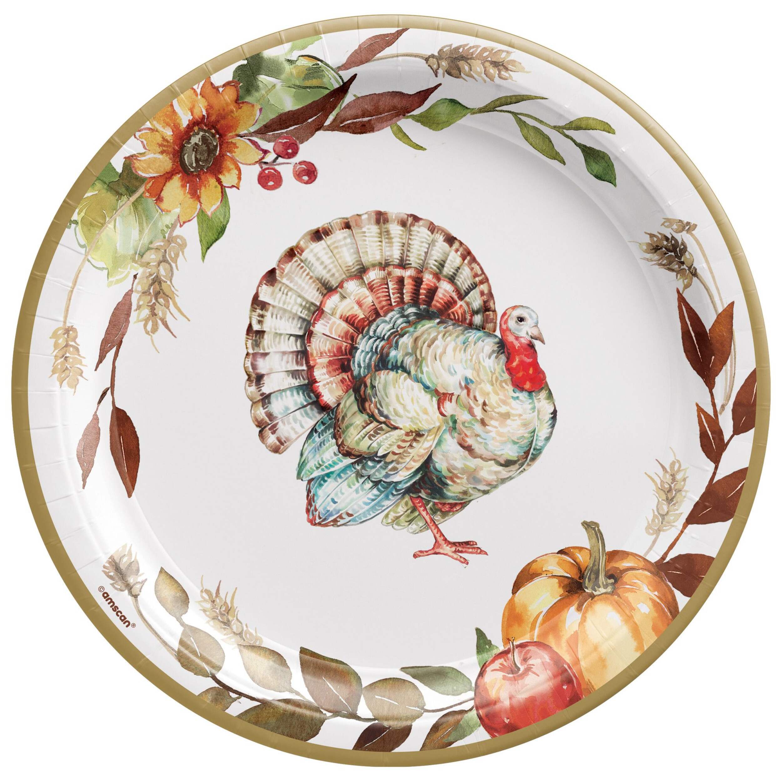 Grateful Day Turkey Round Paper Disposable Dinner Plates, White Multi-Coloured, Pumpkin/Flower, 10.5-in, 18-pk, for Thanksgiving Front_Flat