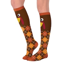 Adult Turkey Knee-High Argyle Wearable Socks, Brown/Yellow, One Size, for Thanksgiving/Fall