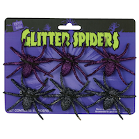 Spider Glitter Plastic Creature Decorations, Black, 3-in, 6-pk, for Halloween