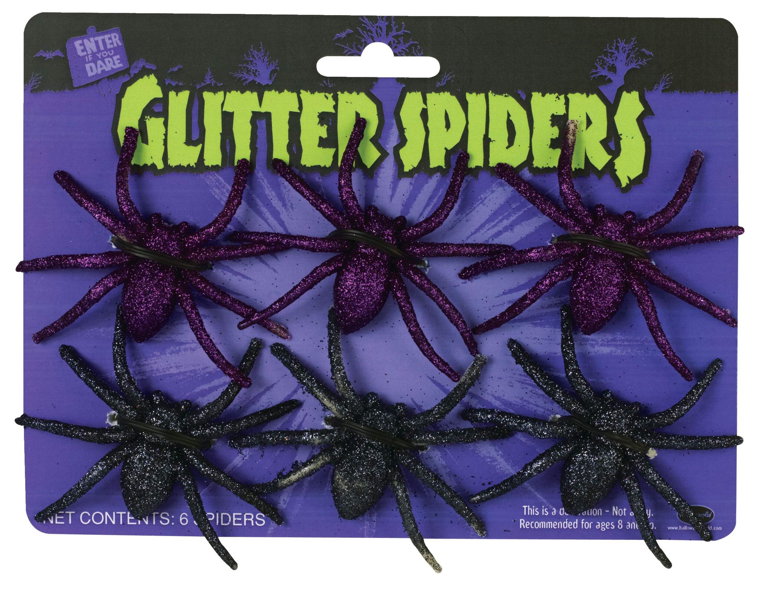 Spider Glitter Plastic Creature Decorations, Black, 3-in, 6-pk, for Halloween Front_Flat