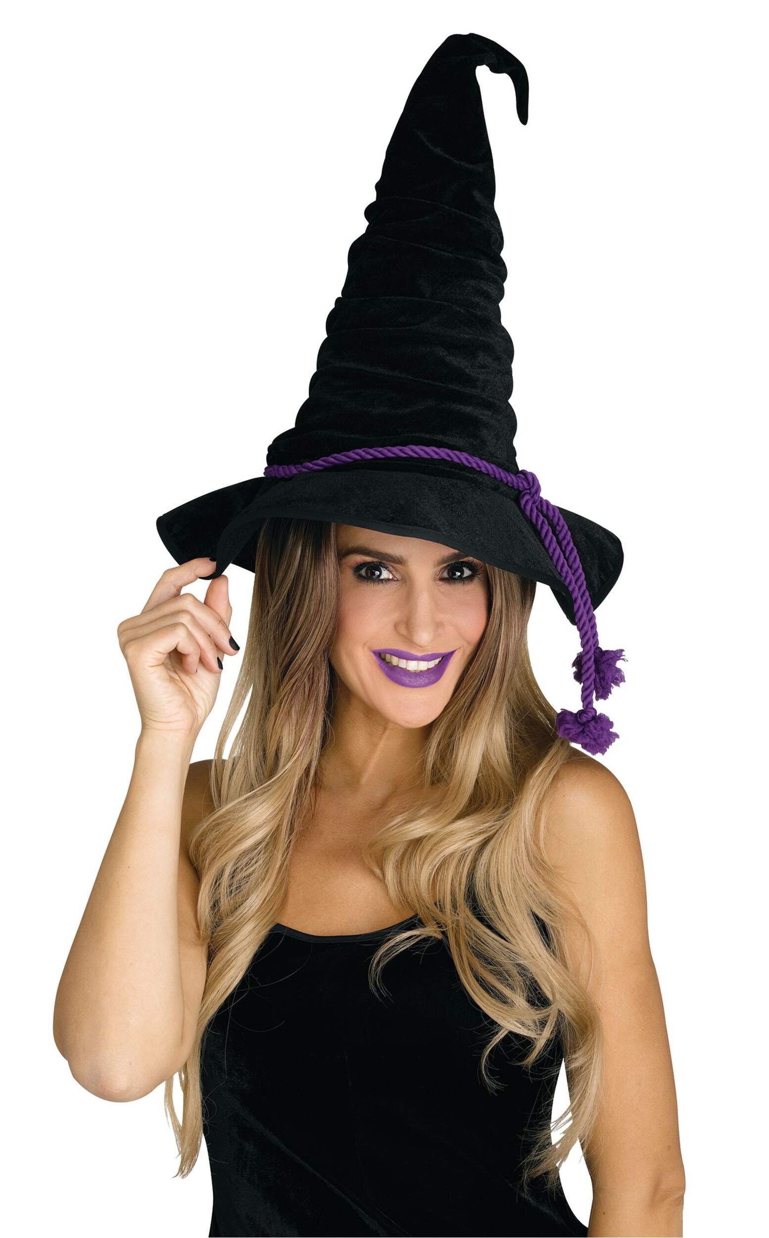 Chapeau de sorcière en velours noir, taille unique, accessoire de costume prêt-à-porter pour l'Halloween Front_Angled_Left