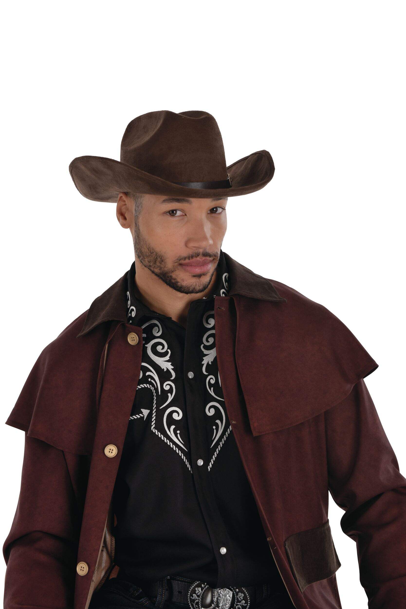 Chapeau de cowboy moderne western en similicuir brun foncé Front_Angled_Right