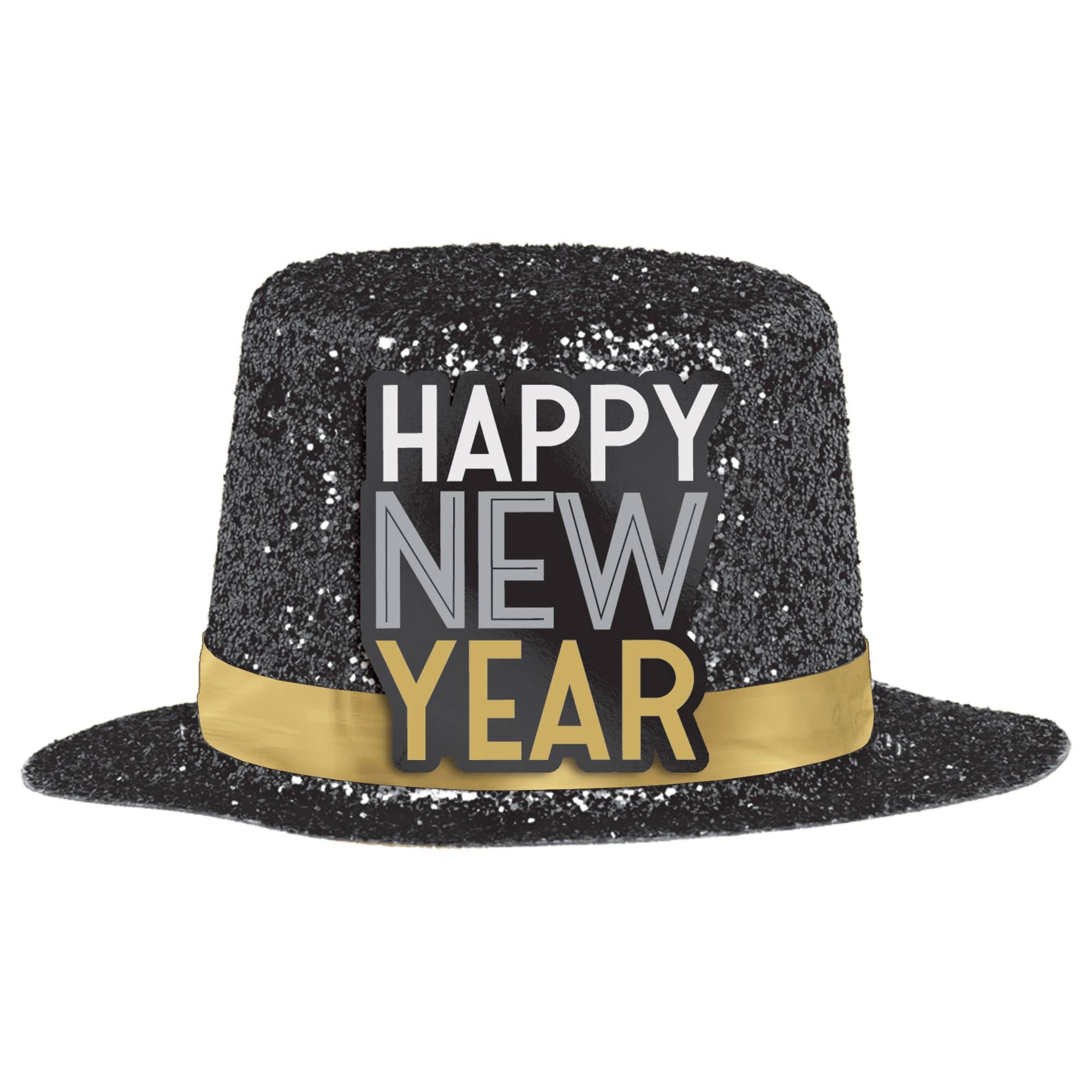 Chapeau haut de forme Happy New Year, mini, noir, argent et or