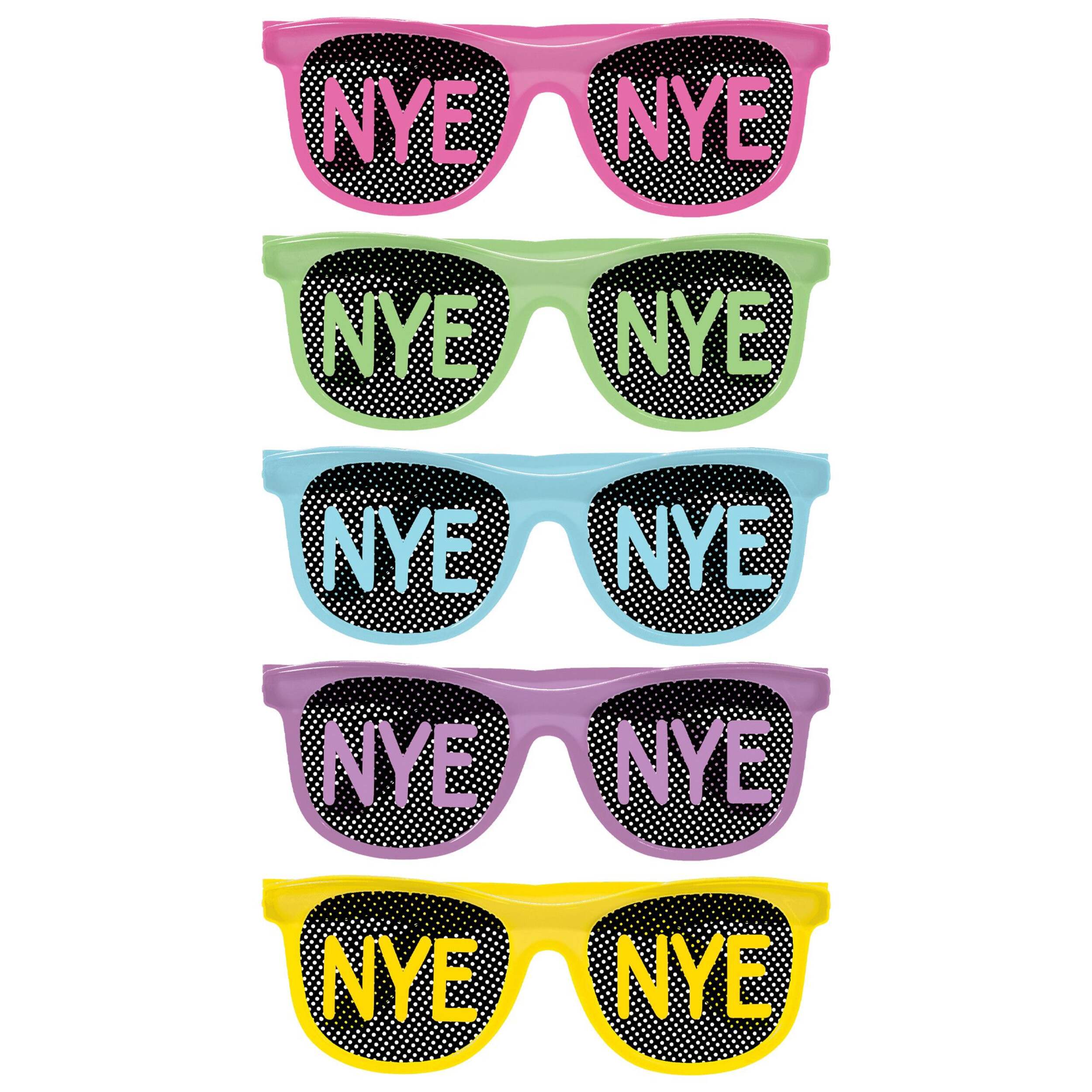 "NYE" Glow-In-The-Dark Wearable Glasses, Multi-Coloured, One Size, 10-pk, for New Year's Eve Front_Flat