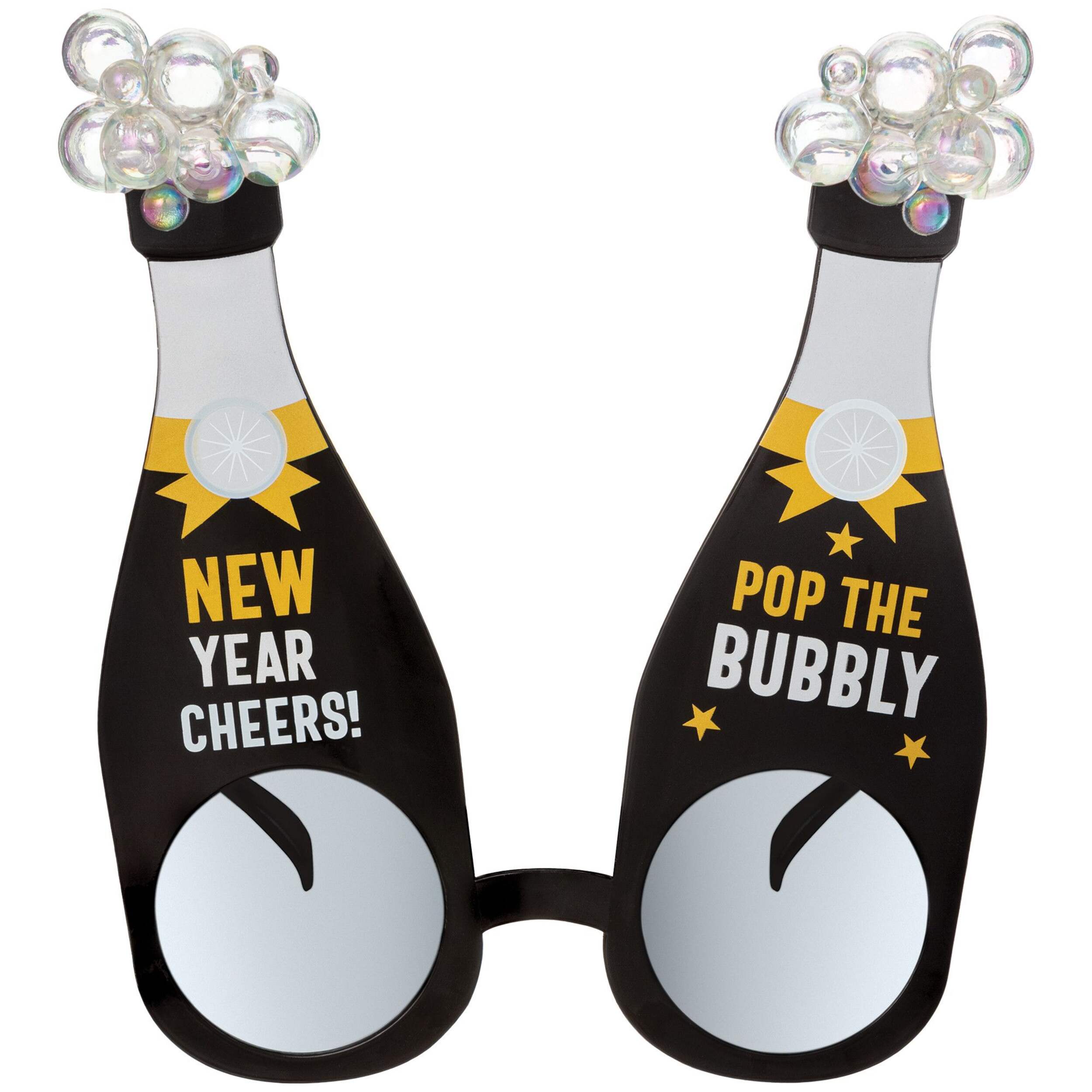 "New Year Cheers" Champagne Bottle Wearable Glasses, Black/Gold, One Size, for New Year's Eve Front_Flat