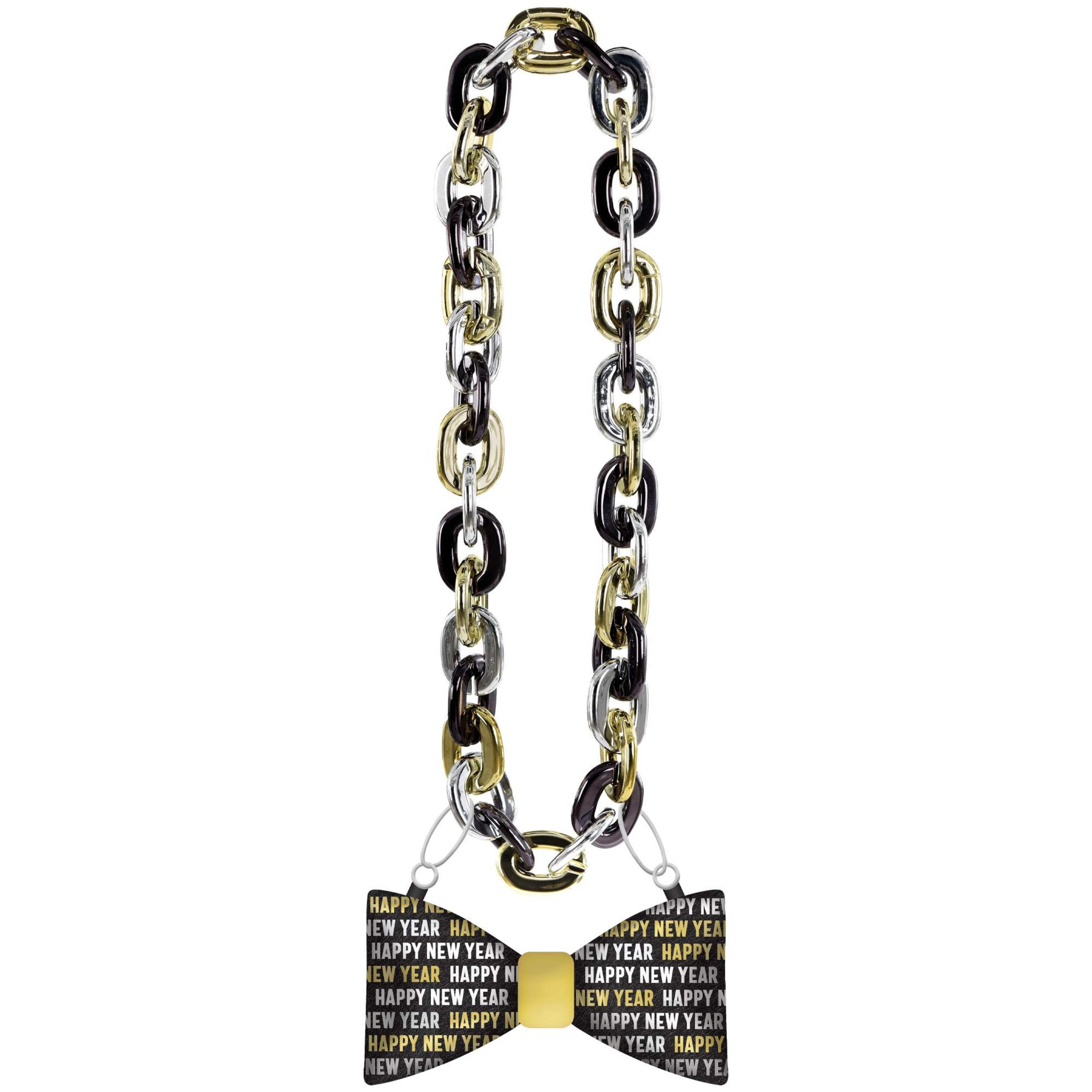 "Happy New Year" Bow Tie Light-Up Chain Pendant Necklace, Black/Gold/Silver, One Size, for New Year's Eve Front_Flat