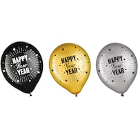 Ballons ronds en latex imprimés Happy New Year, noir, argent et or, paq. 25 Front_Flat