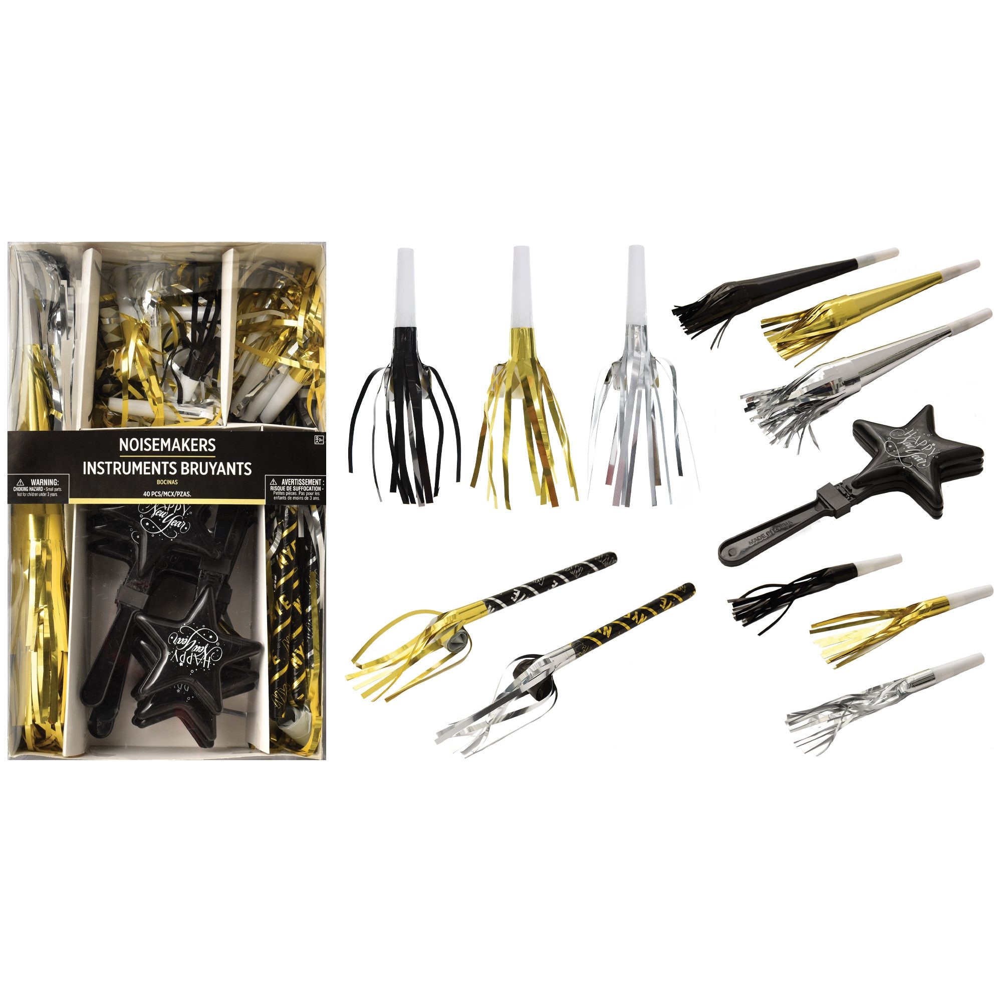 New Year Party Noisemakers Black, Silver, Gold, 40pk Party City