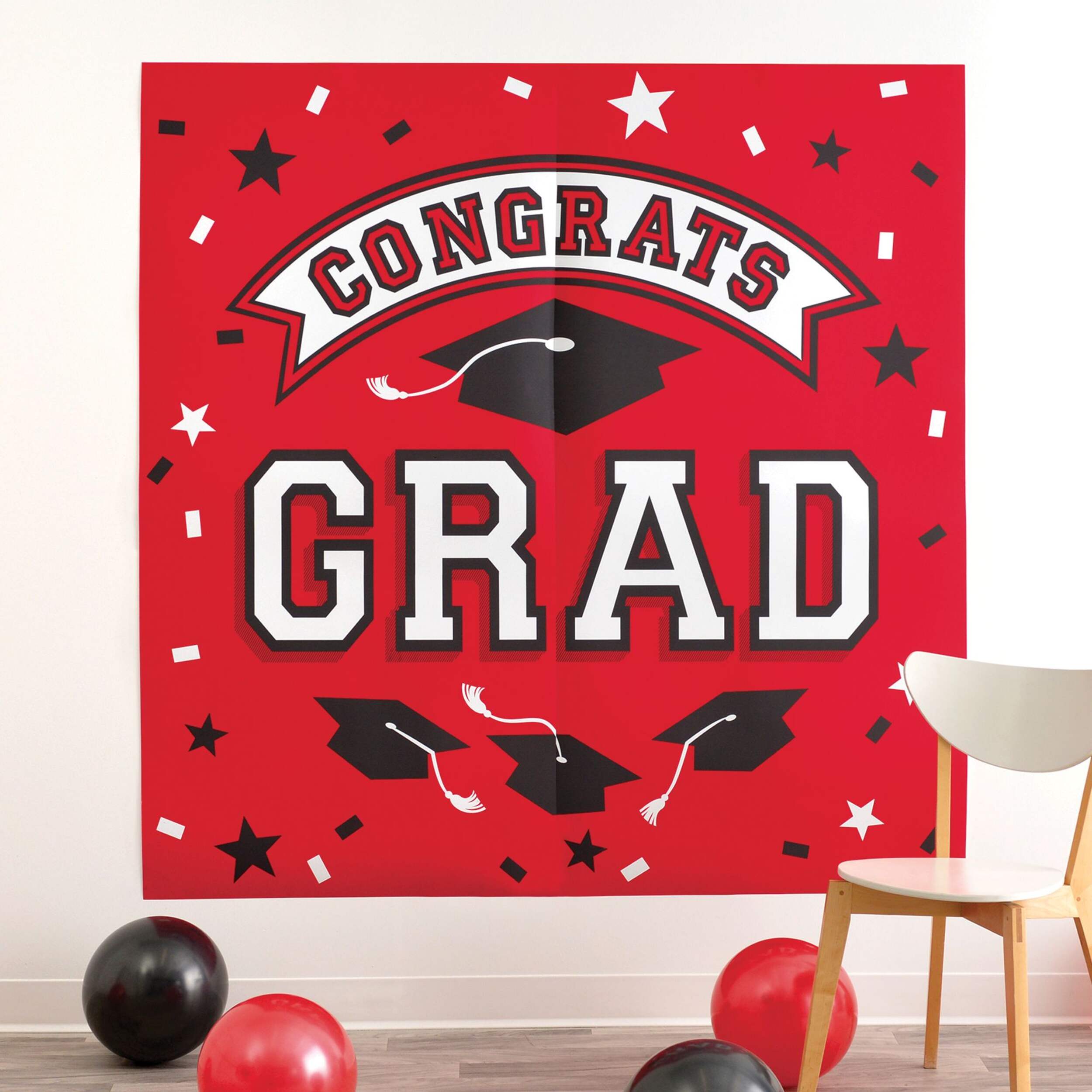Congrats Grad Scene Setter for Graduation Party, Red,, 2-pc Front_Flat