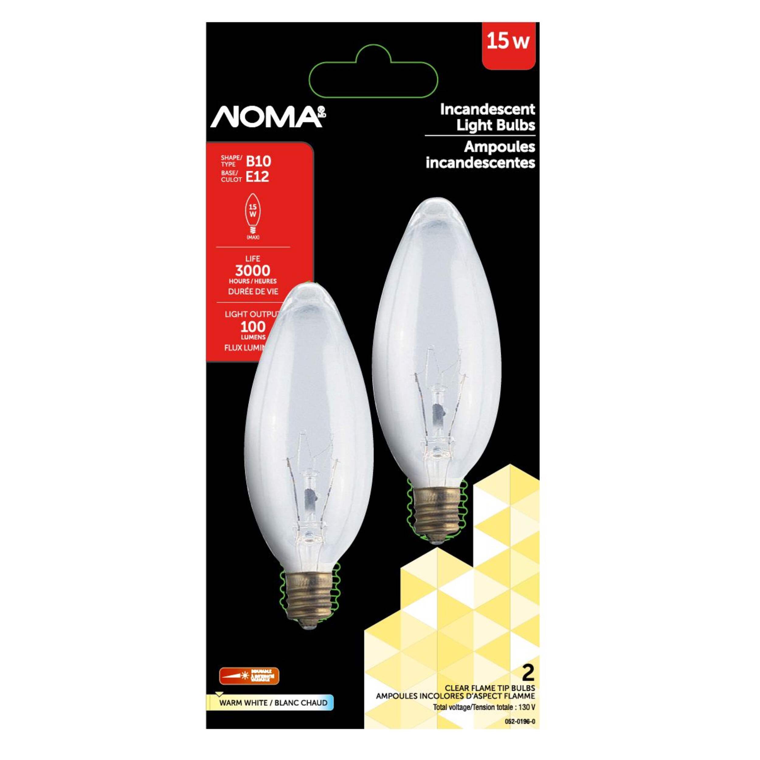 Ampoules incandescentes à intensité variable à culot E12 NOMA B10, 100 lumens, blanc chaud, 15 W, paq. 2 Front_Flat