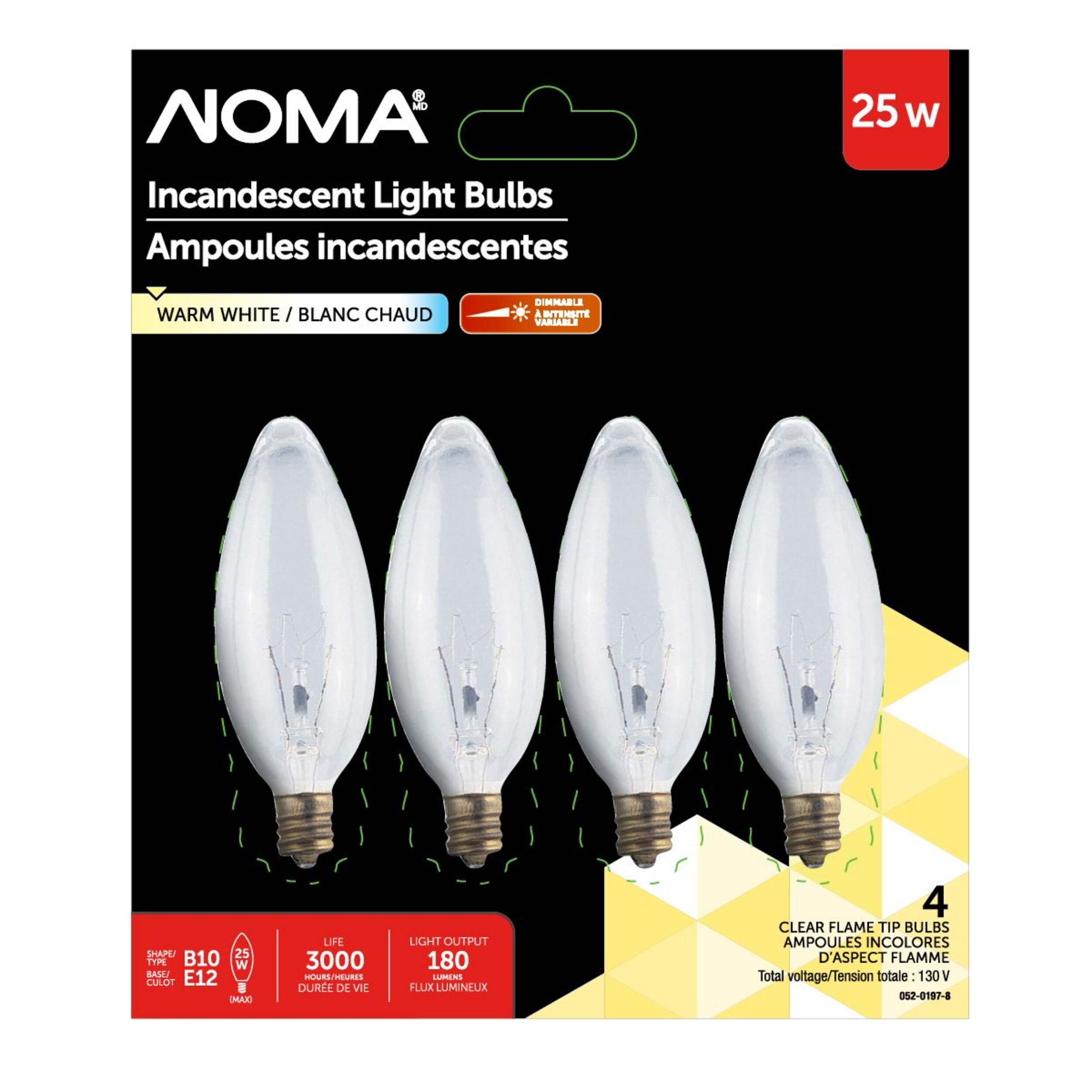 NOMA B10 25W Small Base 3000 Hours Incandescent Candelabra Bulbs, 4-pk Front_Flat