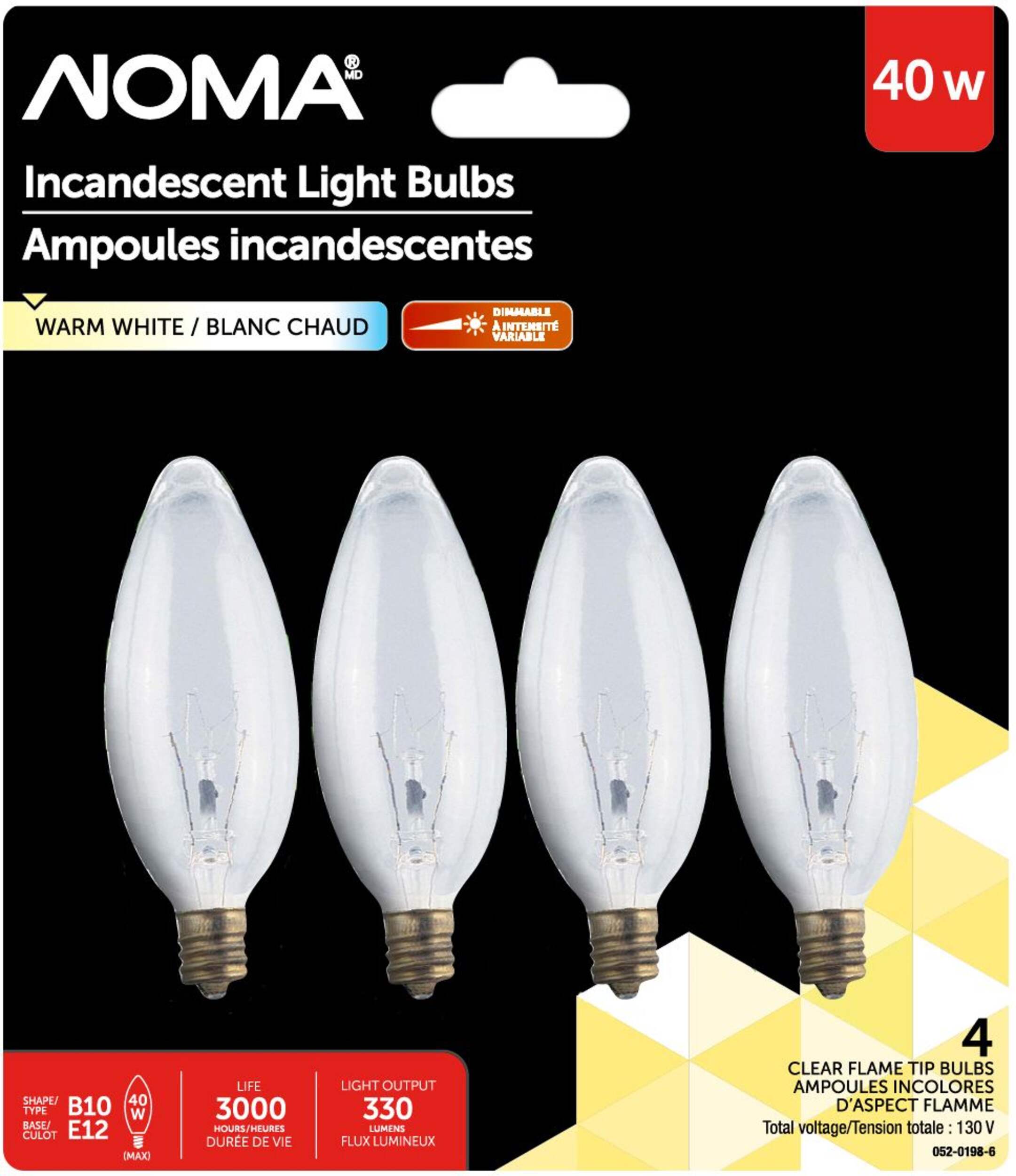 NOMA B10 40W Small Base Incandescent Candelabra Bulbs, 4-pk Front_Elevated